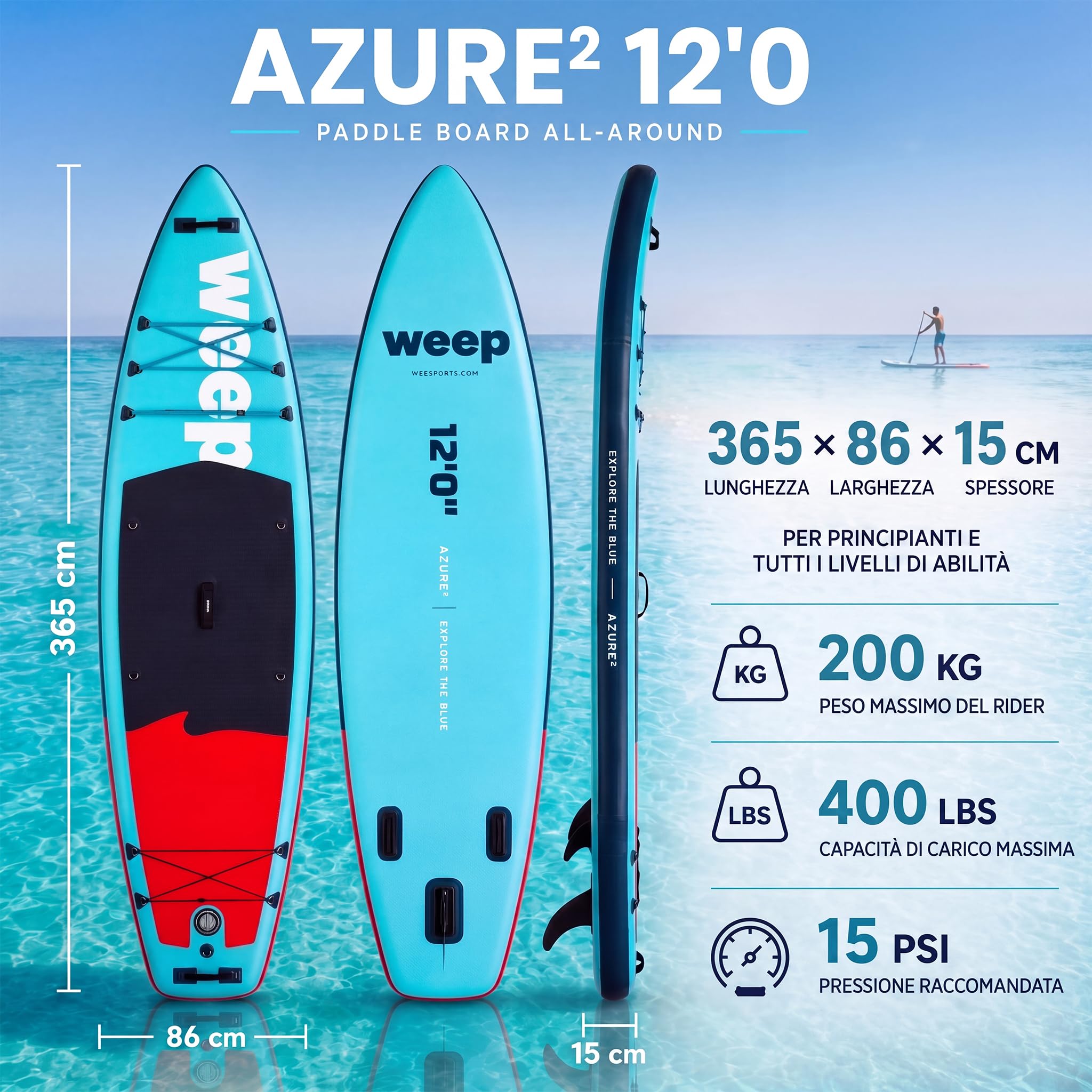 WEEP SUP Gonfiabile 10.6 & 11.6 & 12 piedi, Tavola SUP Gonfiabile con Pagaia 2in1, Pompa, Zaino, Leash e 3 Pinne, Paddle Board Gonfiabile Completo per Mare, Touring, Yoga e Tempo Libero