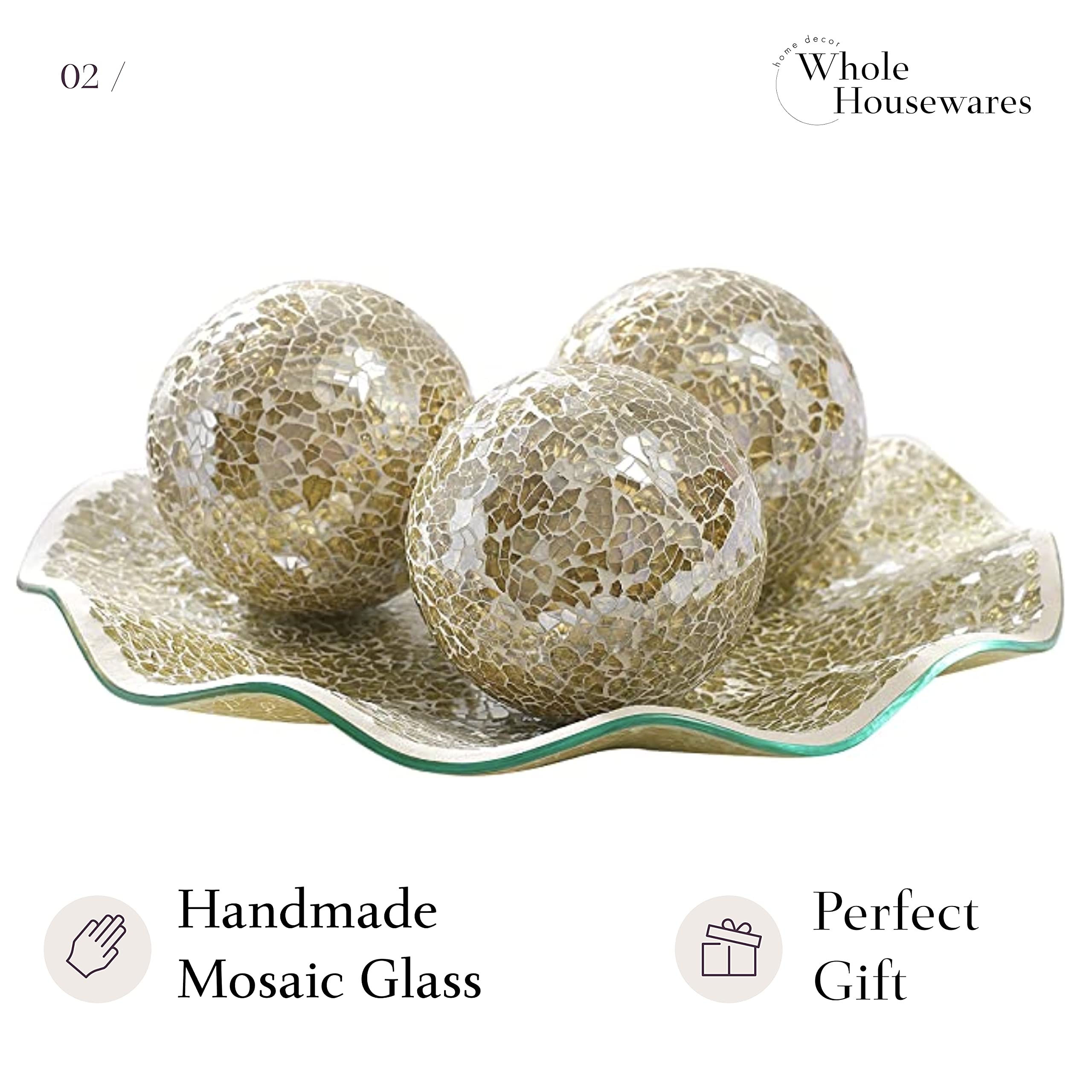 WHOLE HOUSEWARES | 11.5" Glass Mosaic Decorative Tray | Home Décor Centerpiece | Bowl with 3PCS 3.75" Mosaic Decorative Balls | Table Centerpieces For Dining Room (Gold)