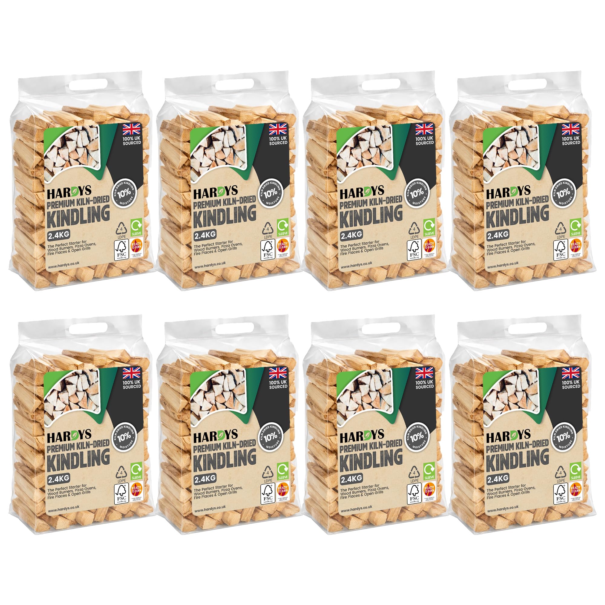 Hardys Kindling Wood, 8 Pack - 19.2 Kg (8 x 2.4kg) Approx. | Natural Instant Light Firewood Logs, Smokeless - Kiln Dried - BBQ, Fire Heat Logs for Burner, Pizza Oven, Open Fire Pit