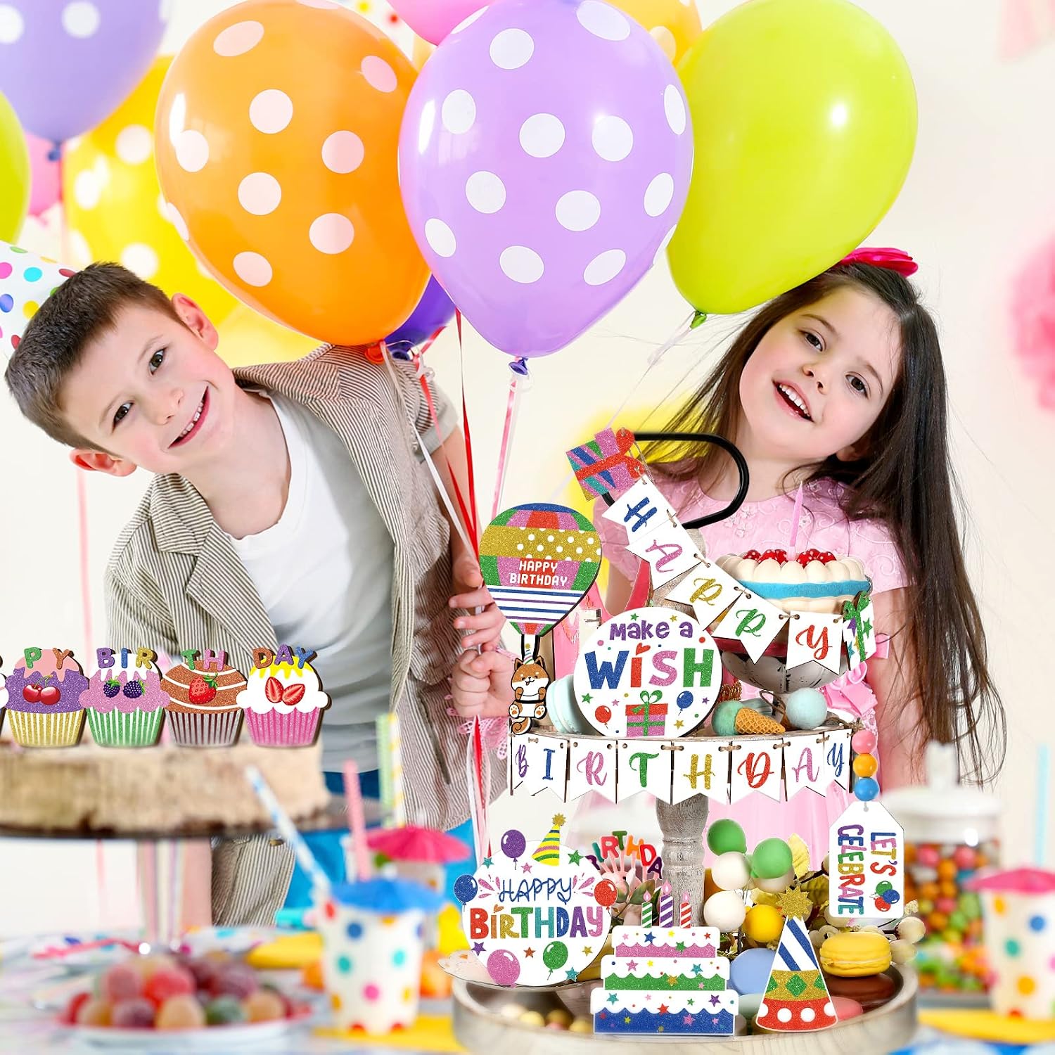 9 Pcs Birthday Tiered Tray Decor Farmhouse Tiered Tray Decor for Birthday Colorful Party Supplies Wooden Happy Bday Table Decorations, Cake Style