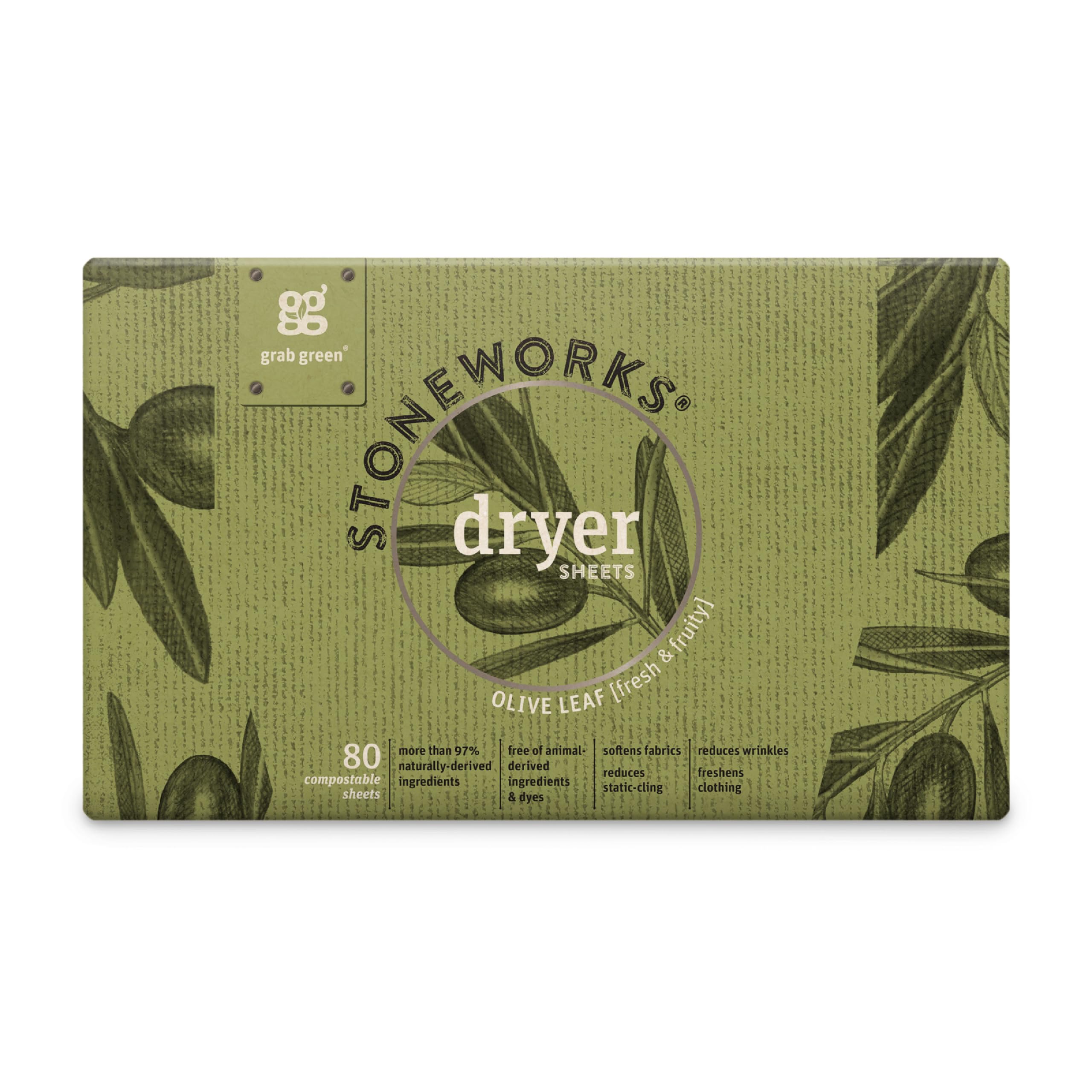 Grab Green Stoneworks Dryer Sheets, 80 Sheets, Olive Leaf Scent, Plant and Mineral Based, Softens Fabrics, Reduces Static-Cling and Wrinkles, Freshens Clothing