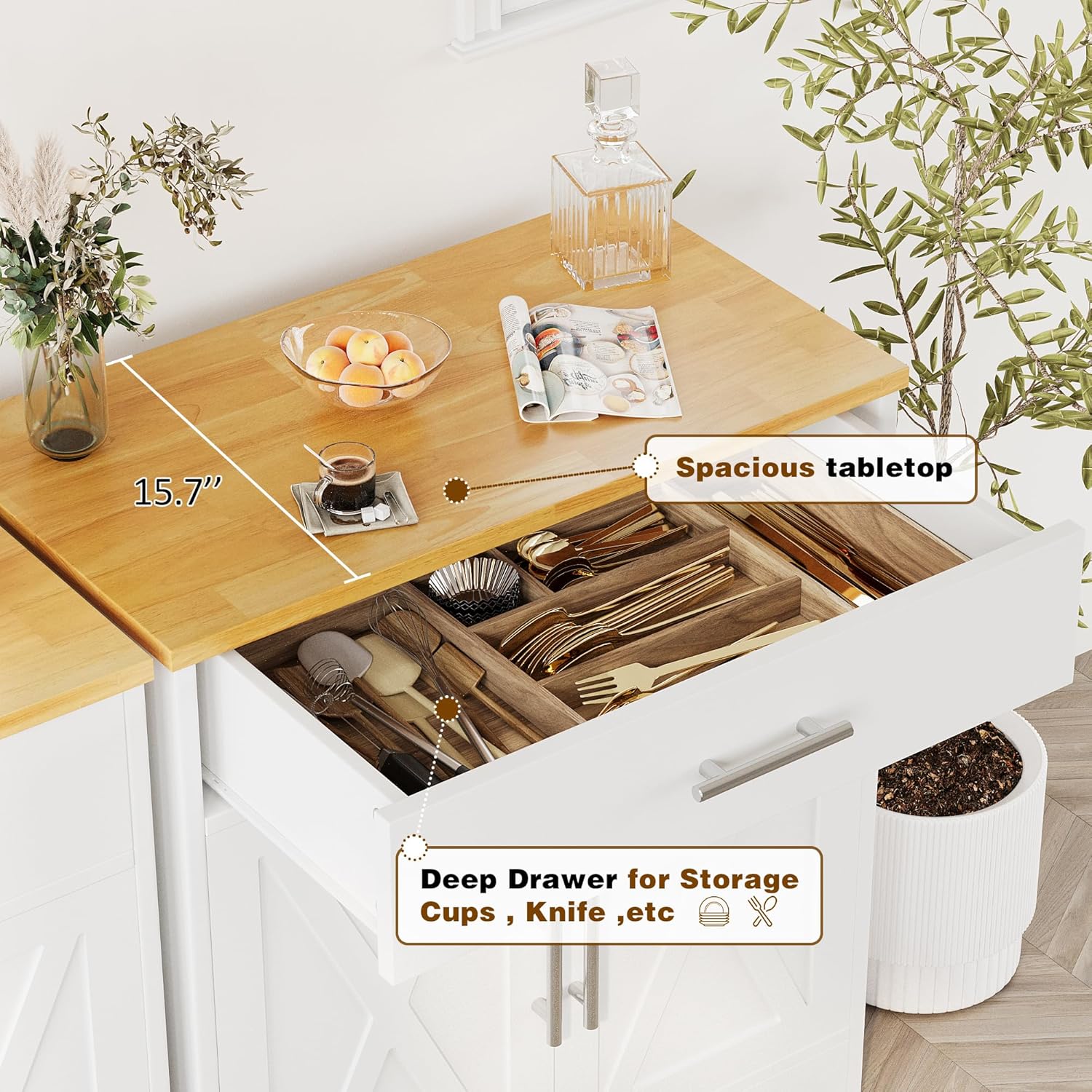 Vongrasig Farmhouse Coffee Bar Cabinet, Small Sideboard Buffet with Storage, Modern Kitchen Storage Cabinet with 1 Drawer and 2 Doors for Kitchen, Dining Room, White