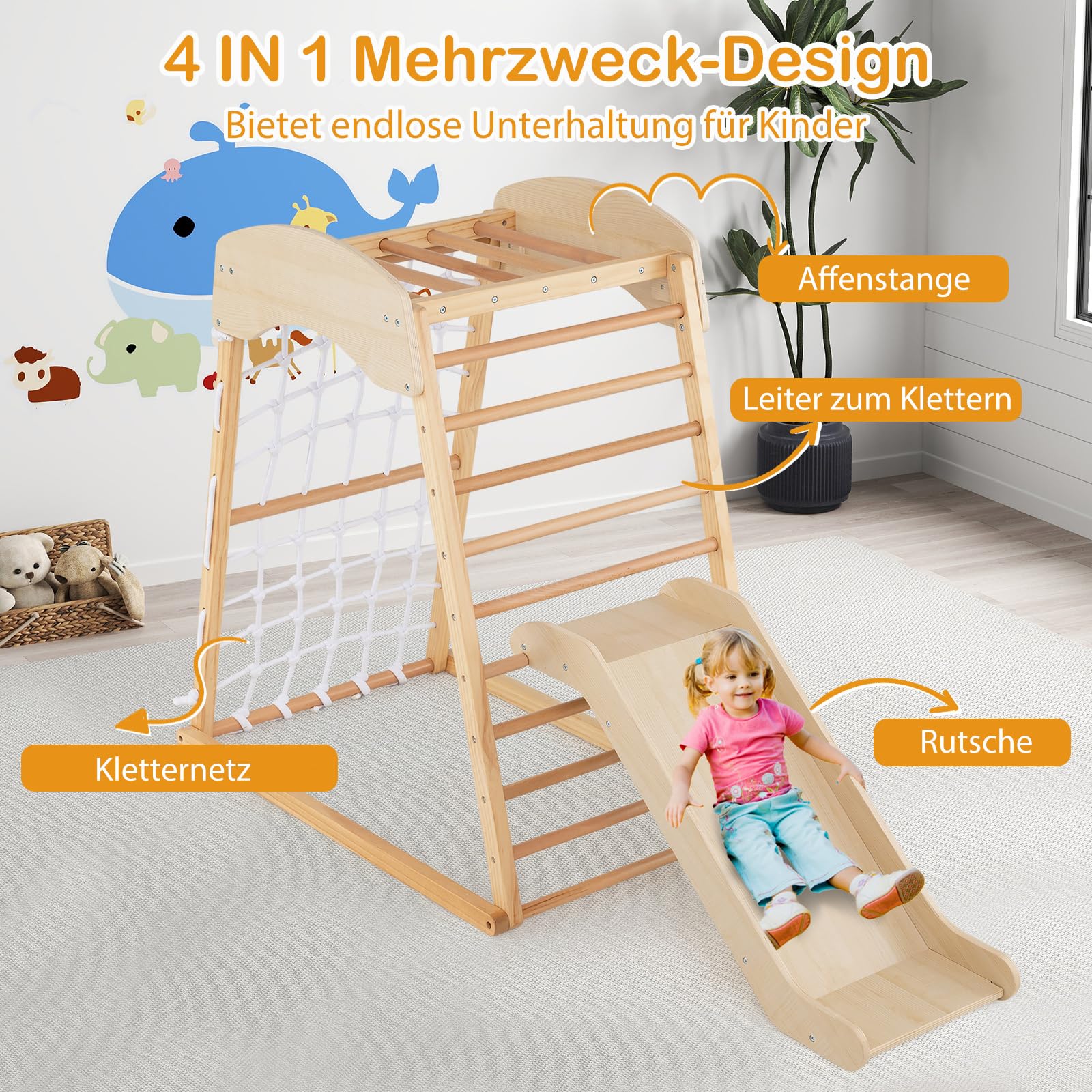 COSTWAY Klimrek voor binnen, 4-in-1 optrekstang, glijbaan, klimnet en