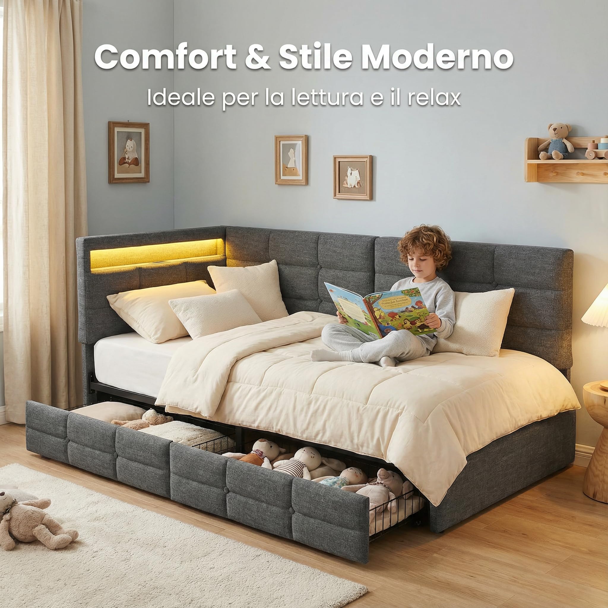 Łóżko dziecięce 90 x 200 cm z diodami LED i portem USB, 1-osobowa sofa 90 x 200 cm z 2 szufladami i stelażem, wyściełany zagłówek w kształcie litery L, dla nastolatków i dorosłych, lniane, szare