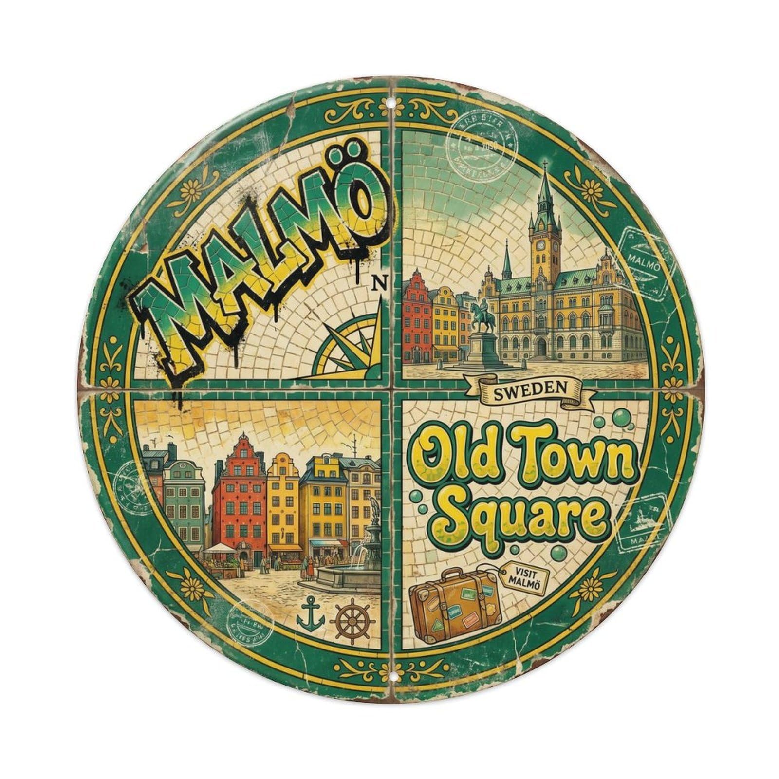 Cmhok Vintage Style-15 Vintage Travel Malmo Sweden Artwork Metal Tin Sign Plaque Wall Decor For Cafe, Club, Garden Round Metal Poster 8X8inch