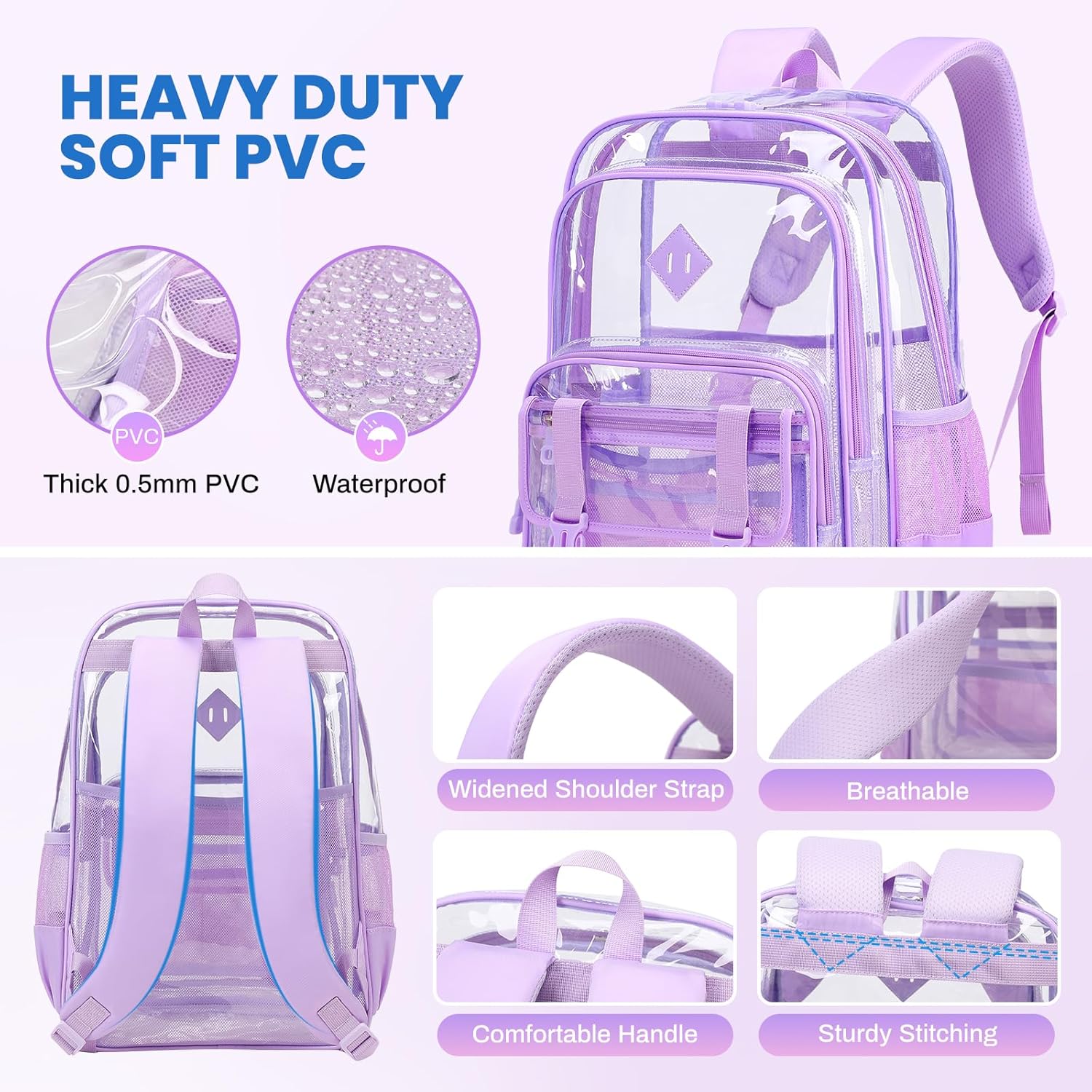 Large Clear Backpacks for School Heavy Duty Transparent Backpack for Stadium Event See through Bookbag for Girls Women Thick PVC Back Pack, Purple - Image 5