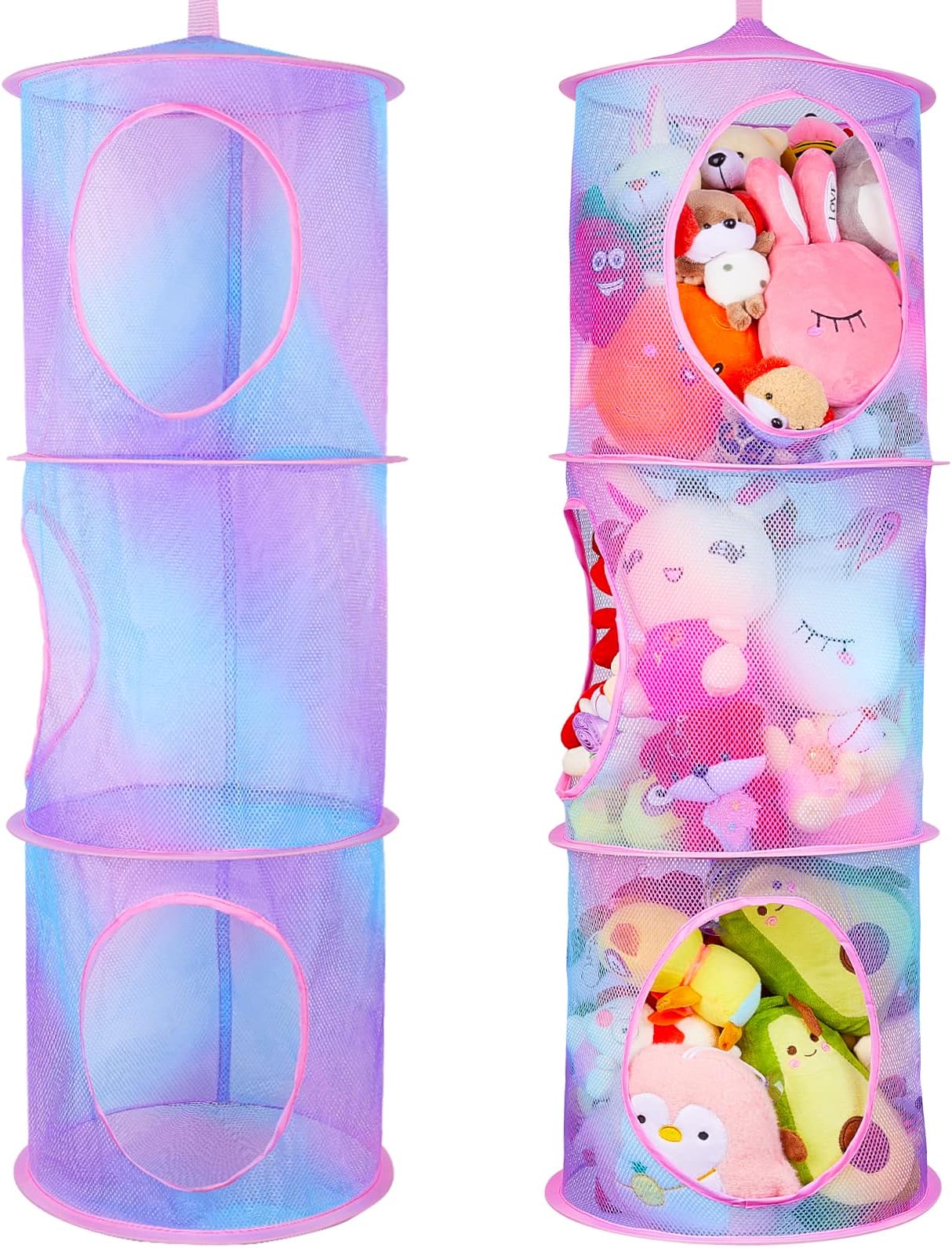 Basumee Stuffed Animals Net or Hammock 2 Pcs Stuffed Animals Storage Toy Net Hammock for Plushies Storage Organizer Mesh Kids Girls Room Decor, Blue and Purple, 3 Tiers
