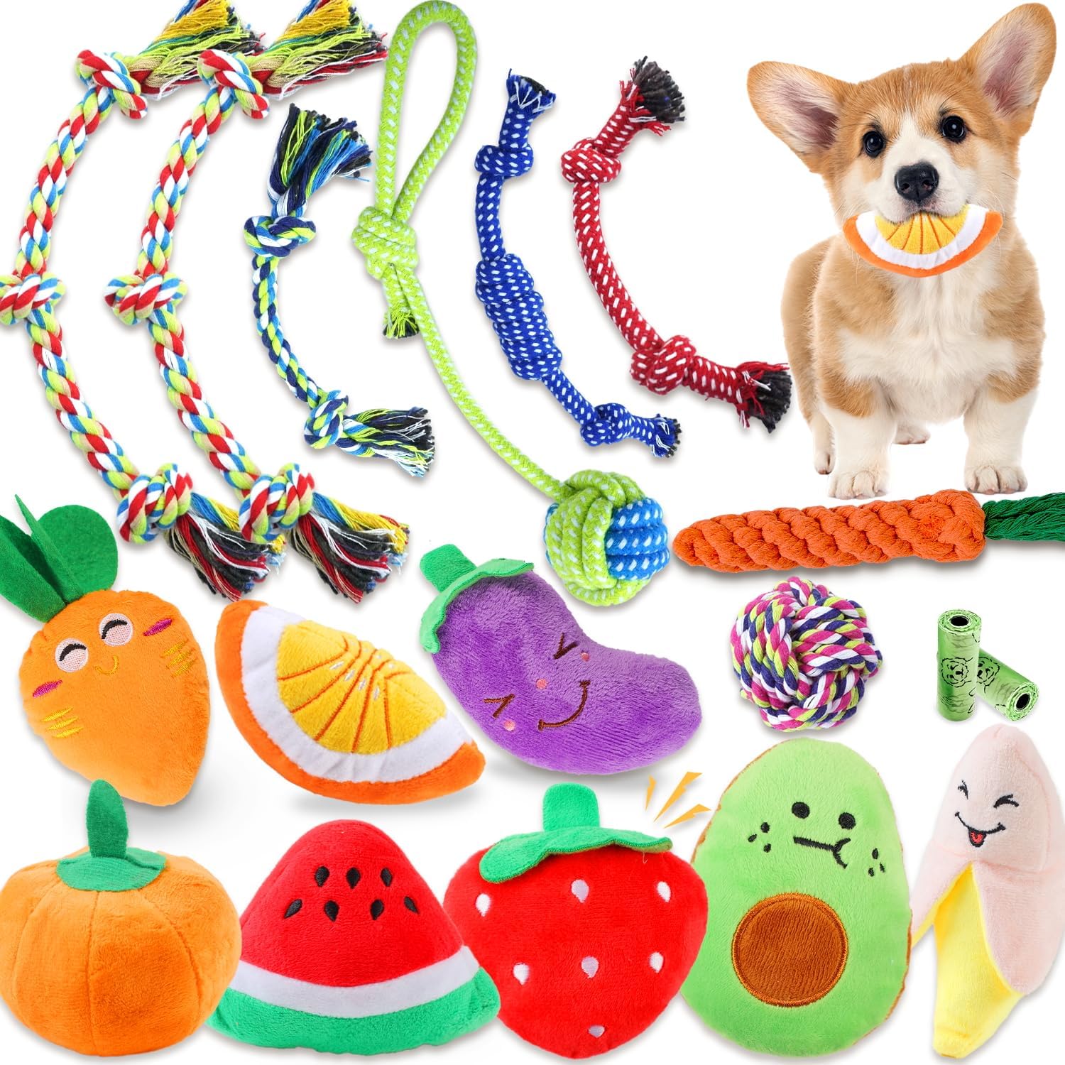 MRSOHRET Hundespielzeug, Kauspielzeug für Welpen, interaktives Quietschspielzeug und Seilspielzeug für kleine Hunde, langlebiges Sortiment, Plüschtier-Hundespielzeug, um sie zu beschäftigen, 18 Stück