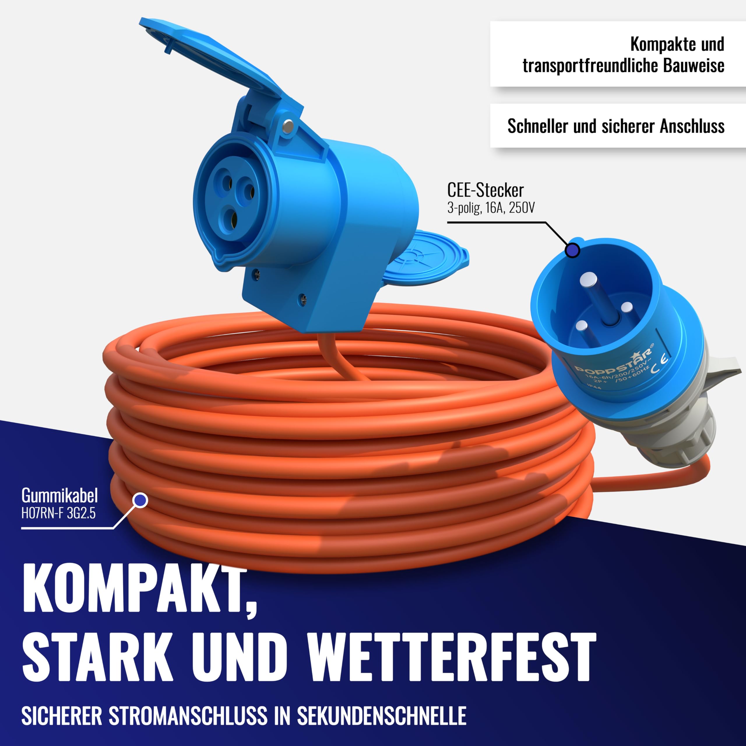 Poppstar Camping CEE Kabel 25m mit Schuko (CEE Stecker 3-polig auf CEE-Dose + Schutzkontakt-Steckdose Typ F), 230V/16A, IP44, H07RN-F 3G2.5
