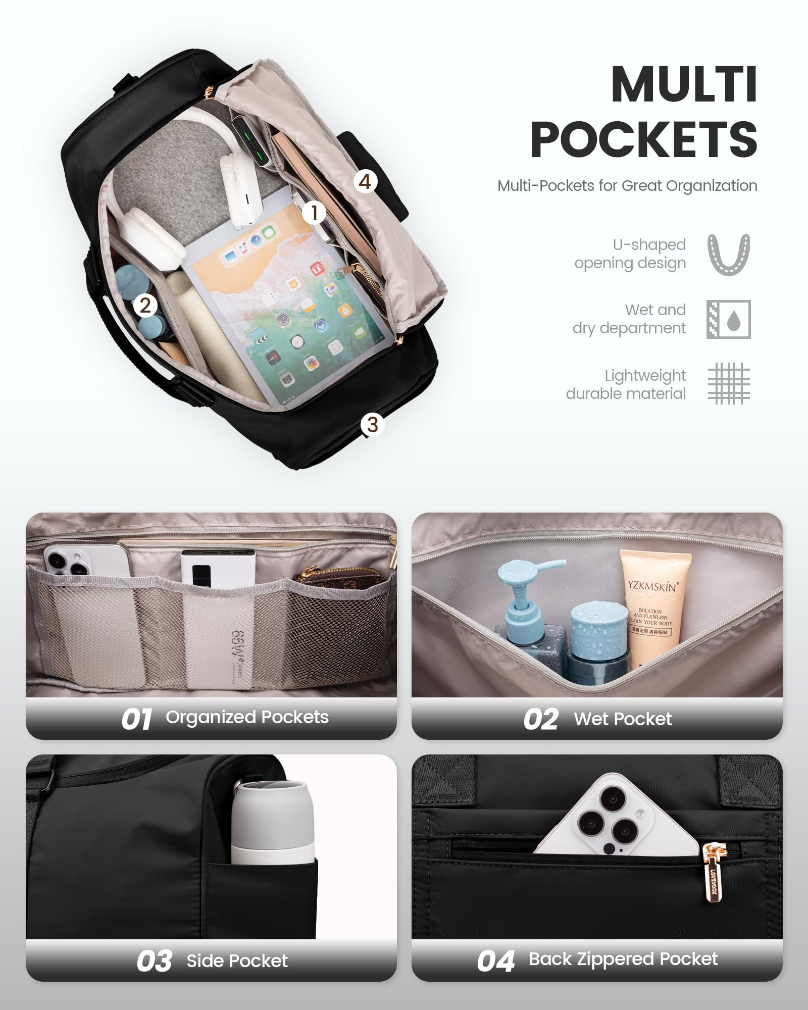 LOVEVOOK Borsone da Viaggio Borsa Palestra Donna, 50L Bagaglio a Mano con Scomparto per le Scarpe, Impermeabile Borsa Sportiva Piscina, Grande Weekend Travel Duffel Gym Bag per Aereo Fitness, Nero