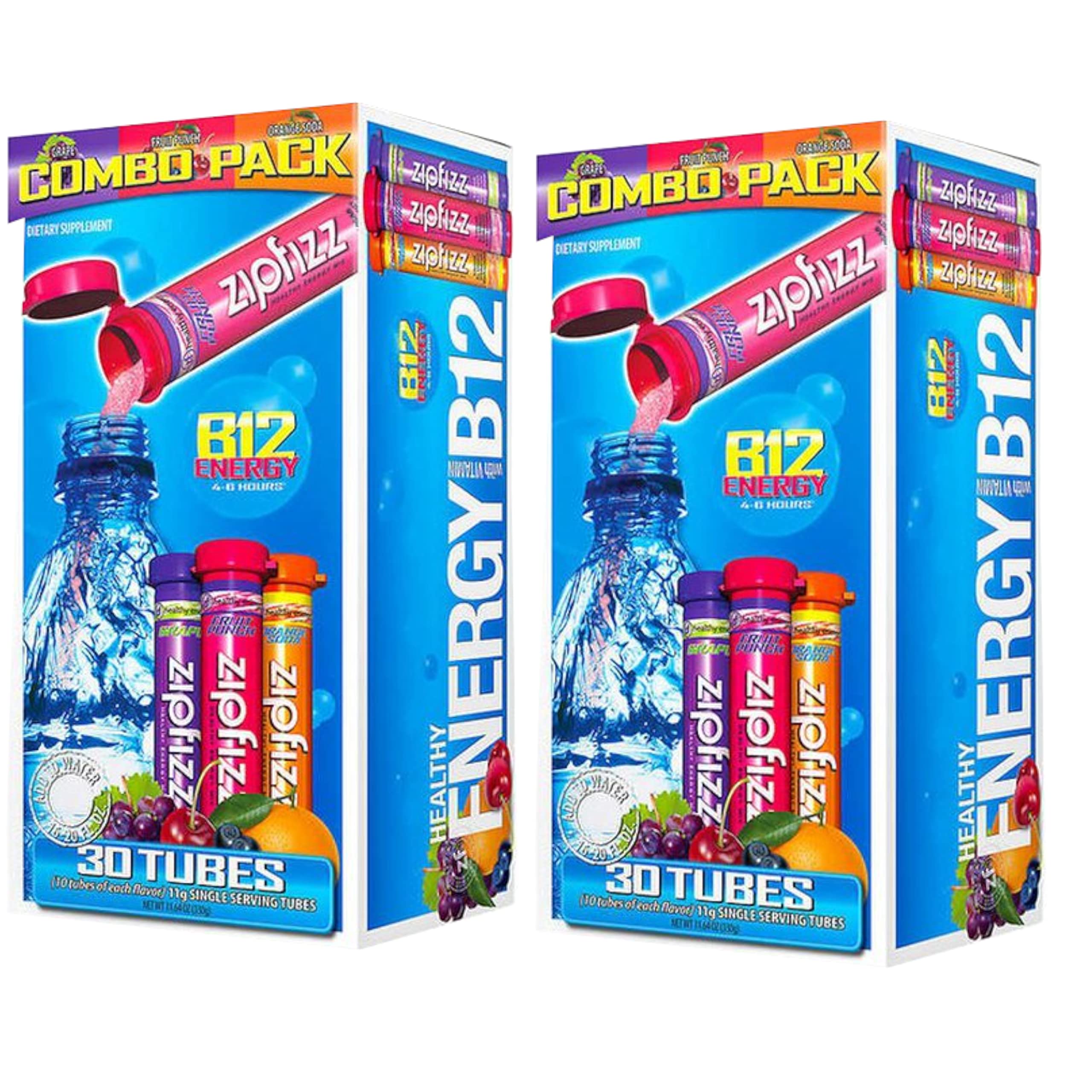 Zipfizz Healthy Energy Drink Mix, Hydration with B12 and MultiVitamins, Variety Pack - Grape, Fruit Punch, Orange Soda - Healthy Energy drink 30 Tubes. (2 - Pack)