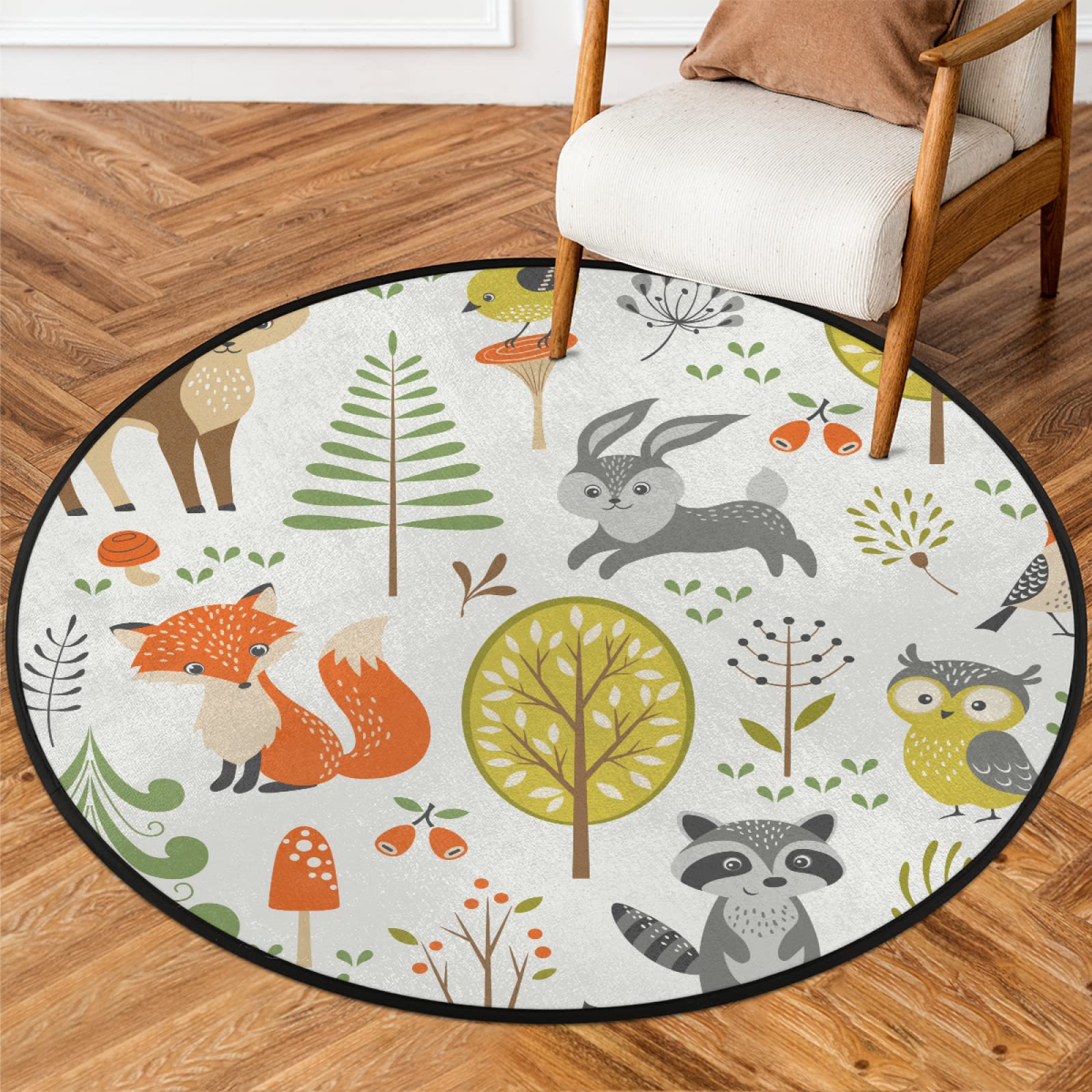 Tapis rond intéressant de 91,4 cm - Lavable en machine - Motif animal de la forêt - Antidérapant - Doux - Pour salon, canapé, chambre d'enfant
