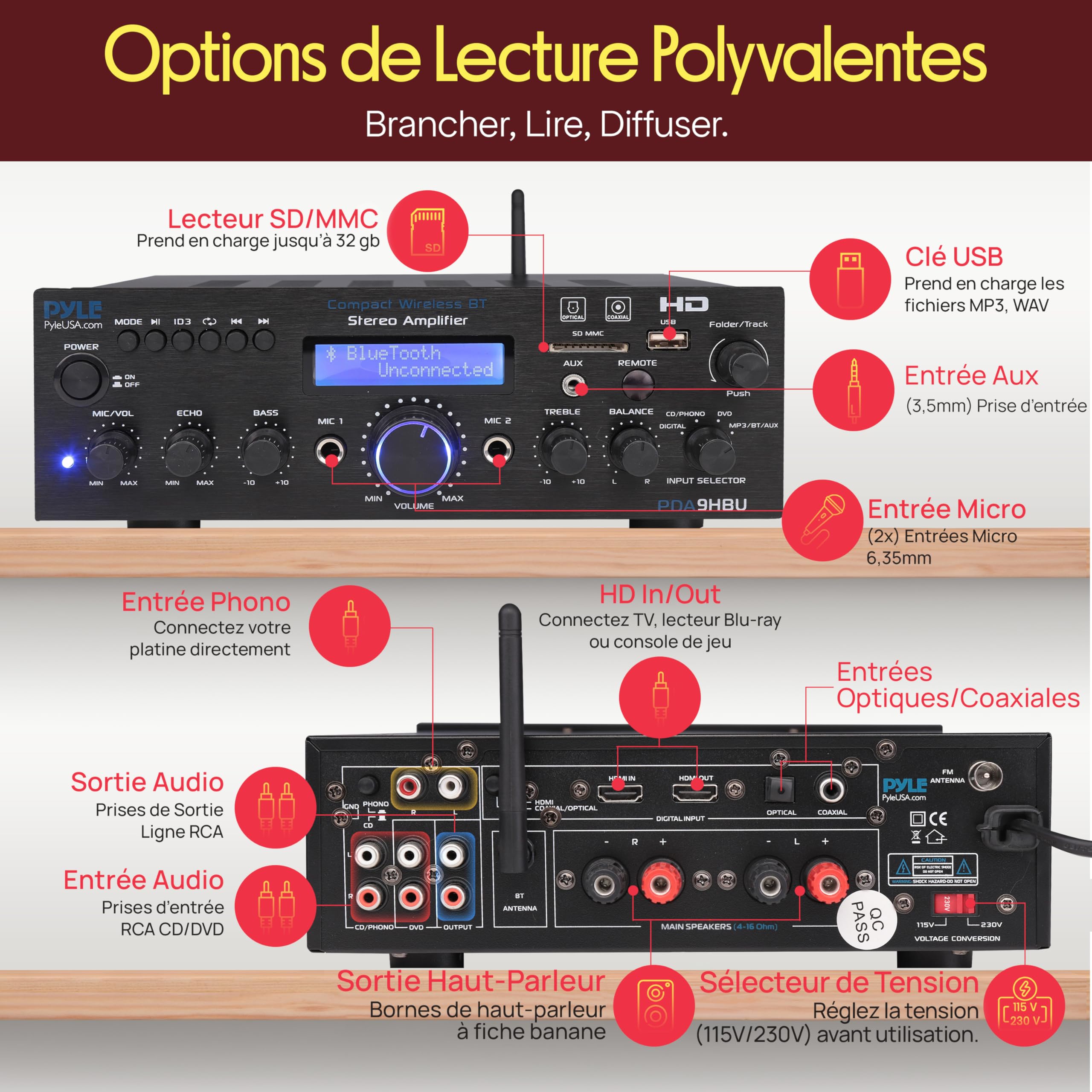 Pyle Amplificateur Bluetooth Stéréo sans Fil pour la Maison - Amplificateur Multi-Canaux 200W avec Récepteur Audio, HDMI, Optique/Phono/Coaxial, Radio FM, USB/SD, AUX,RCA, Entrée Micro- Télécommande