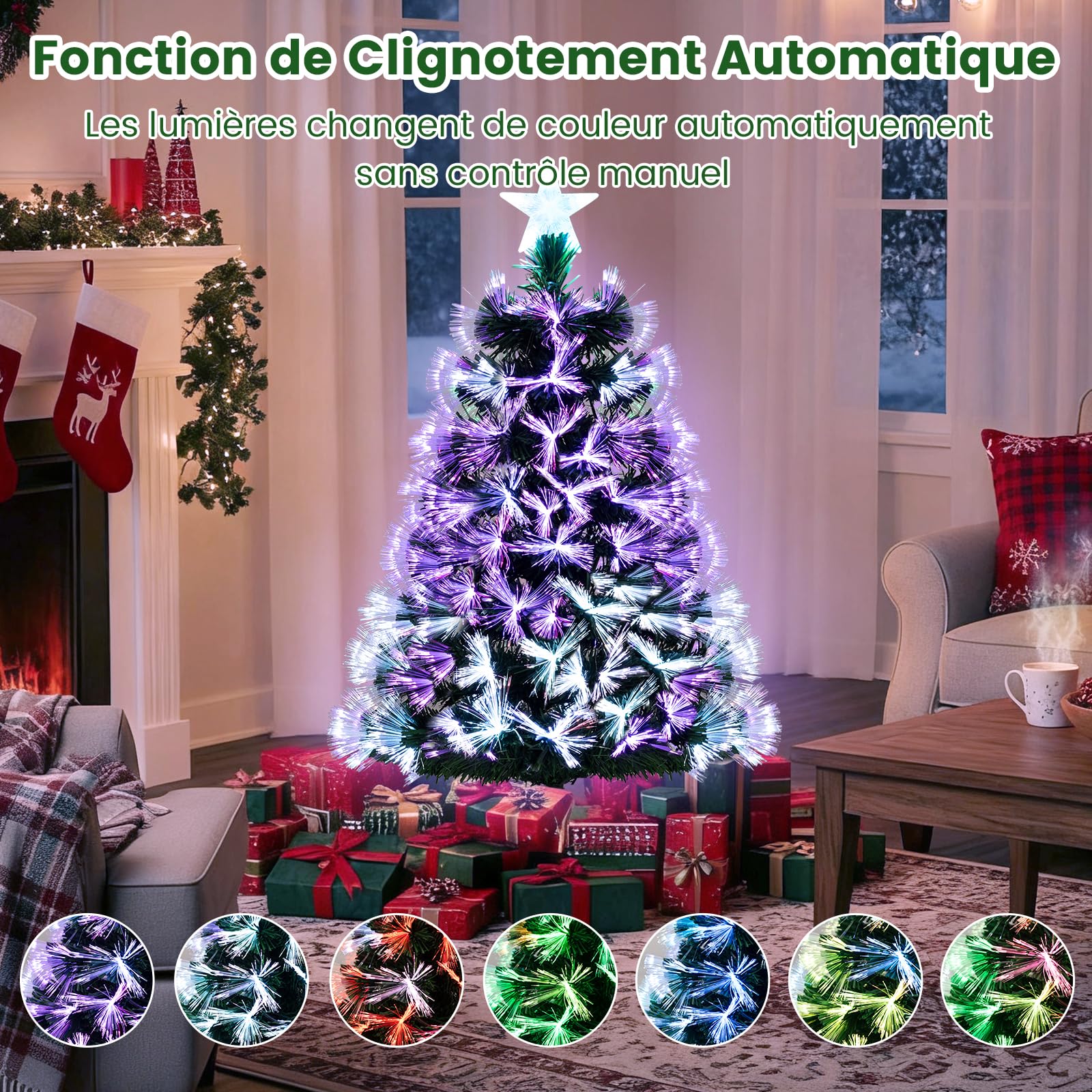 COSTWAY Sapin de Noël à Fibre Optique 95 CM, Sapin Artificiel Pré-éclairé avec 93 Branches, Étoile de Sommet & Pied Métallique Pliable, Arbre Lumineux pour Fêtes de Maison, Bureau, Carnaval