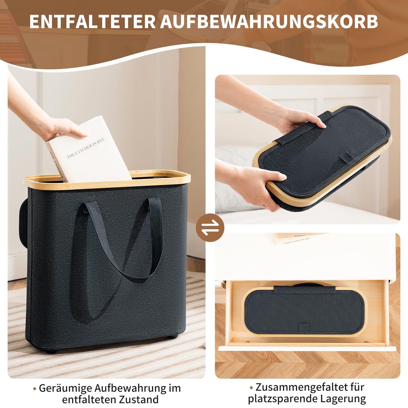 30L Toilettenpapier Aufbewahrungskorb, Klopapier Aufbewahrung Box aus Bambus, Faltbarer Badezimmer Organizer für 12-16 WC Rollen, mit Griffen, für Bad und Haushalt Dunkelgrau