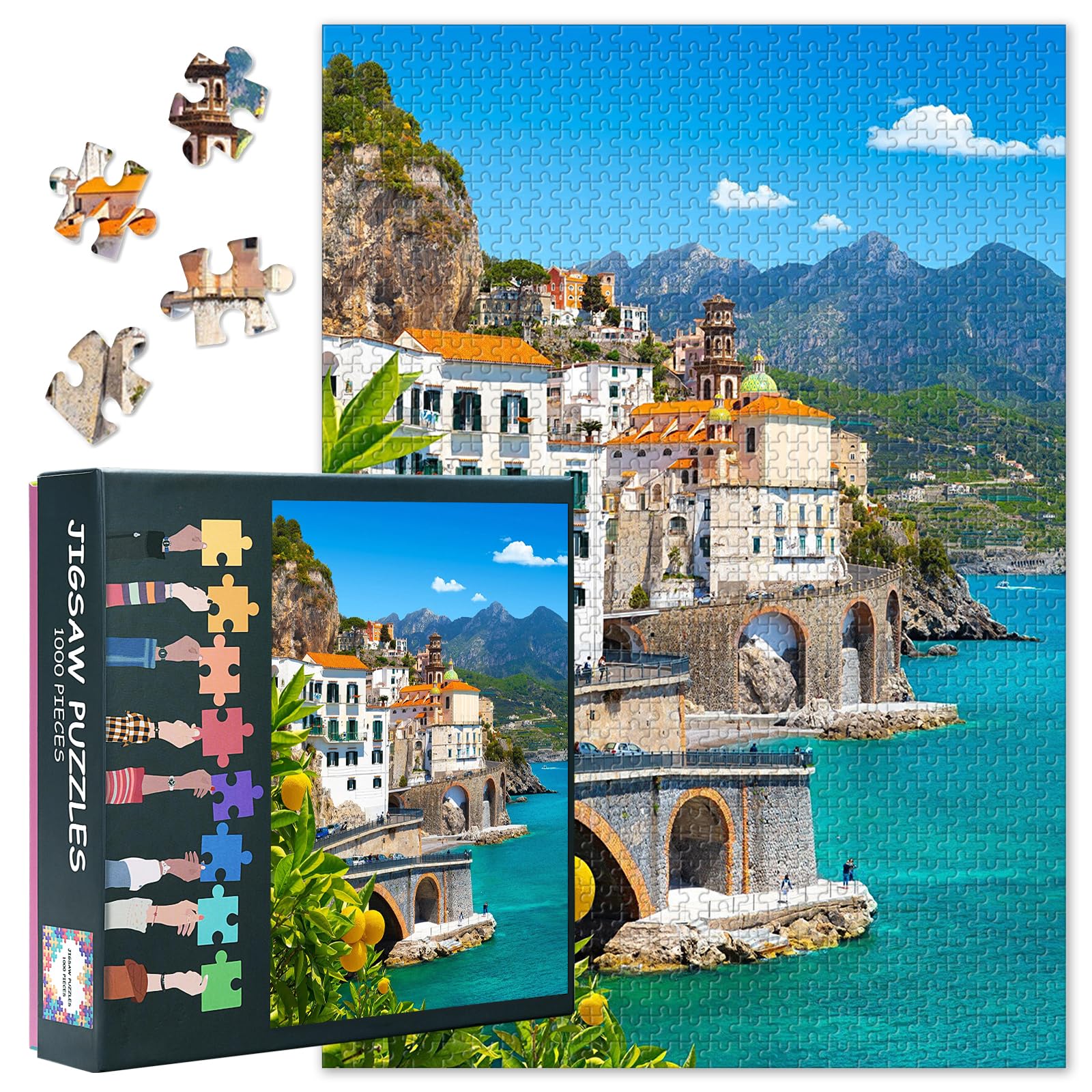 ‌Jigsaw Puzzle for Adults 1000 Piece Amalfi Coast Italy Sunlit Lemon Grove Mediterranean Seascape Art for Landscape Therapy & Coastal Wanderlust Decor 27.5x19.7 Inch