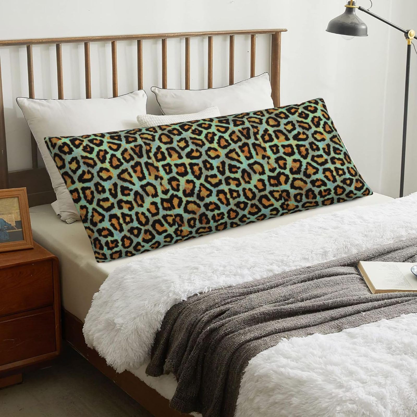 Teal Leopard Chic Animal Print, Body Pillow Cover with Zipper,Long Body Pillowcase 20 x 60 in