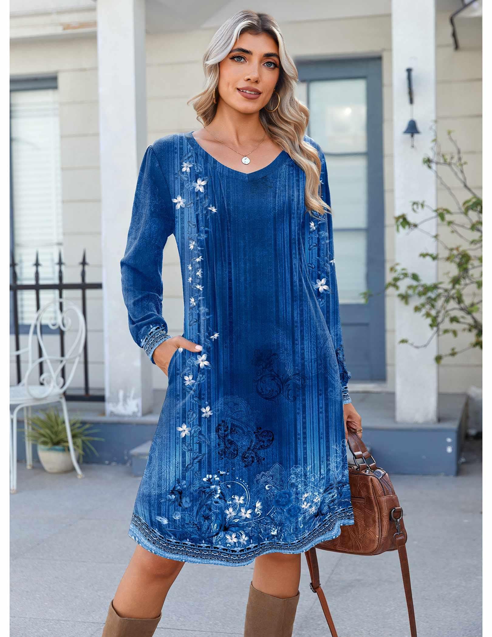 Zeagoo Fall Dresses for Women Long Sleeve Casual Pleated V Neck Dress 2025 A Line Tunic Dress