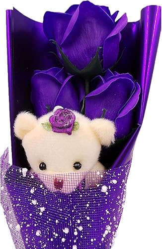 Miniatura 4 de Abbie Home Ramo de flores 3 rosas perfumadas de jabón con bonito oso de peluche para él, día de San Valentín, aniversario, boda, día de la madre,