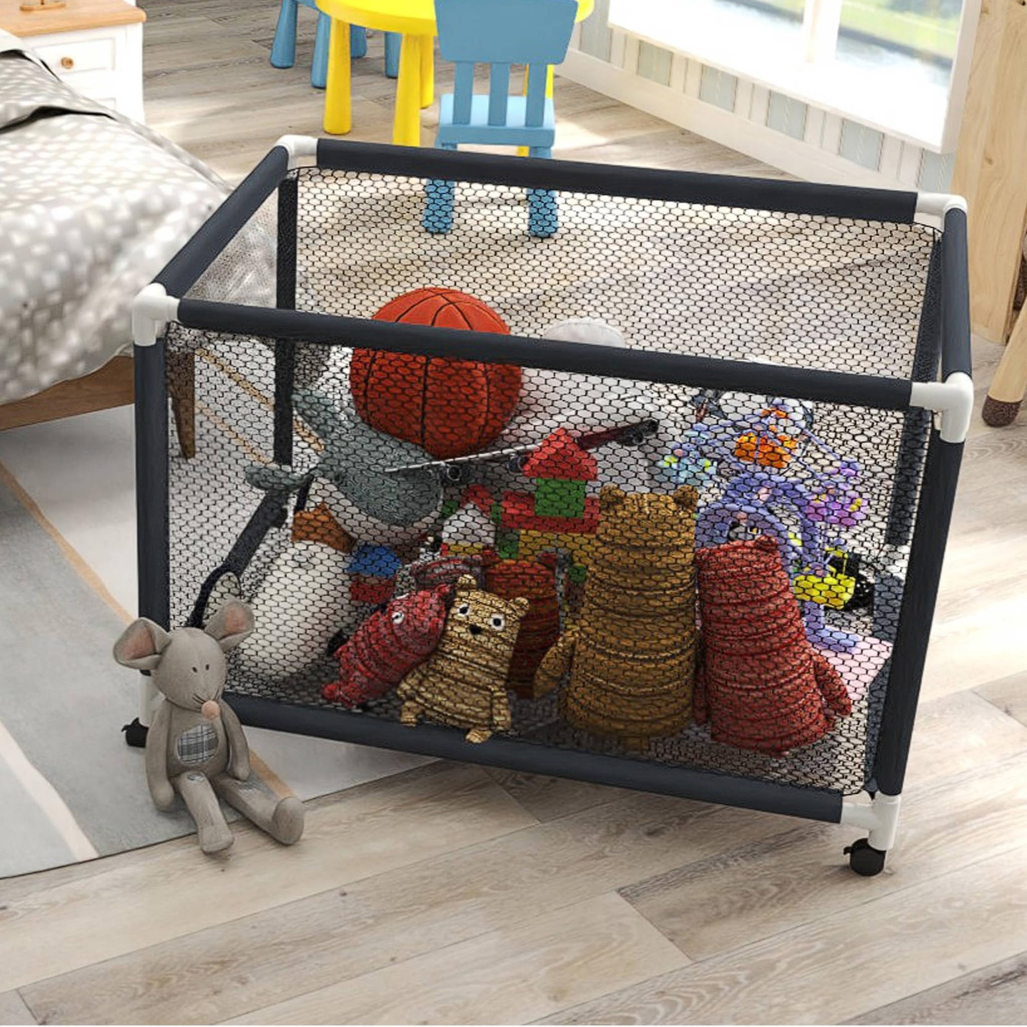 Pool Aufbewahrungsbox mit Rollen, UV-beständiger Pool Aufbewahrungswagen, demontierbarer Organizer für Schwimmausrüstung, Spielzeug, Schwimmringe & Handtücher, einfache Montage, 230x79x88cm