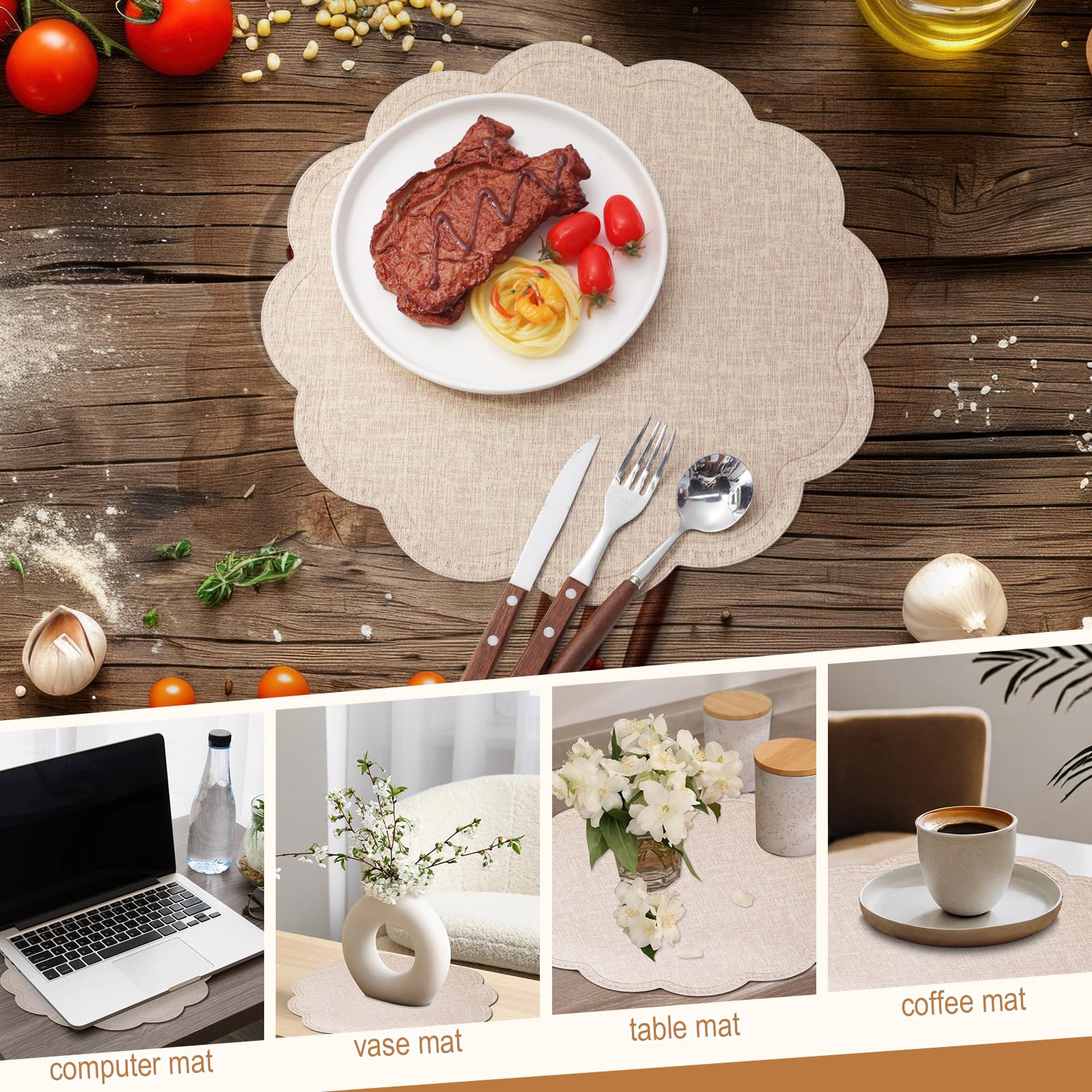 12 tovagliette rotonde a forma di fiore, impermeabili, in pelle PU, lavabili, antiscivolo, per cucina, tavolo da pranzo, decorazione (beige)