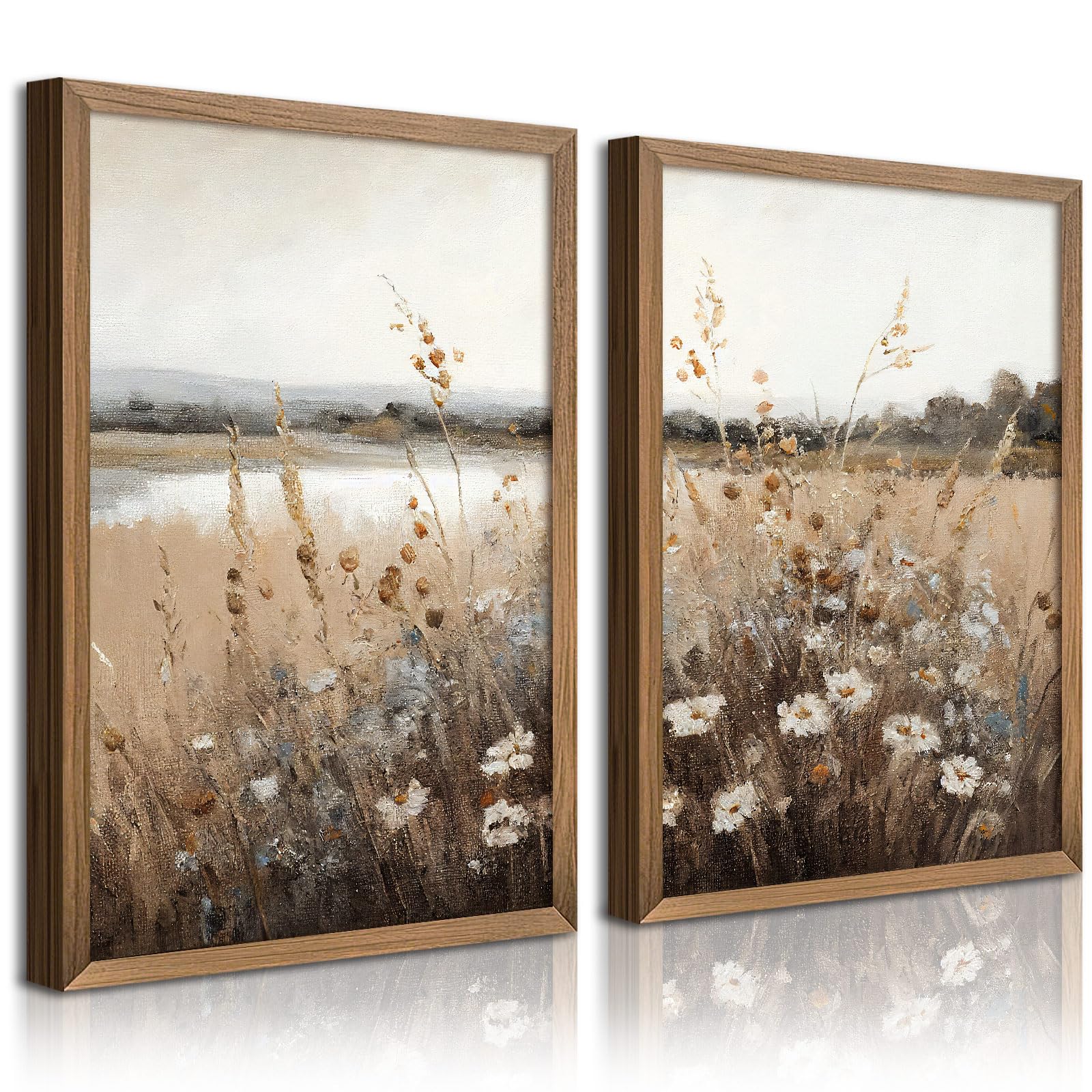 Wildflower Botanical Wall Art Decor Set of 2 Vintage Canvas Wall Decor Landscape Field Wall Art Pictures Farmhouse Prints Landscape Painting Vintage Artwork for Room Bedroom 12x16 Inch Unframed