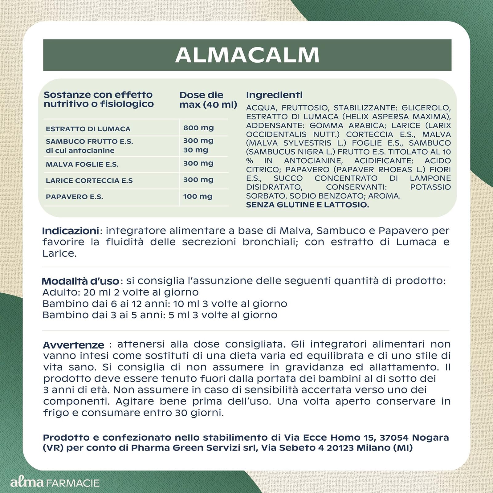 AlmaCalm Alma Farmacie, Sciroppo per Tosse ad Azione Lenitiva, Con Ingredienti Naturali, Malva, Sambuco e Papavero, Anche per Bambini, Bassa Concentrazione di Zuccheri, 200 ml