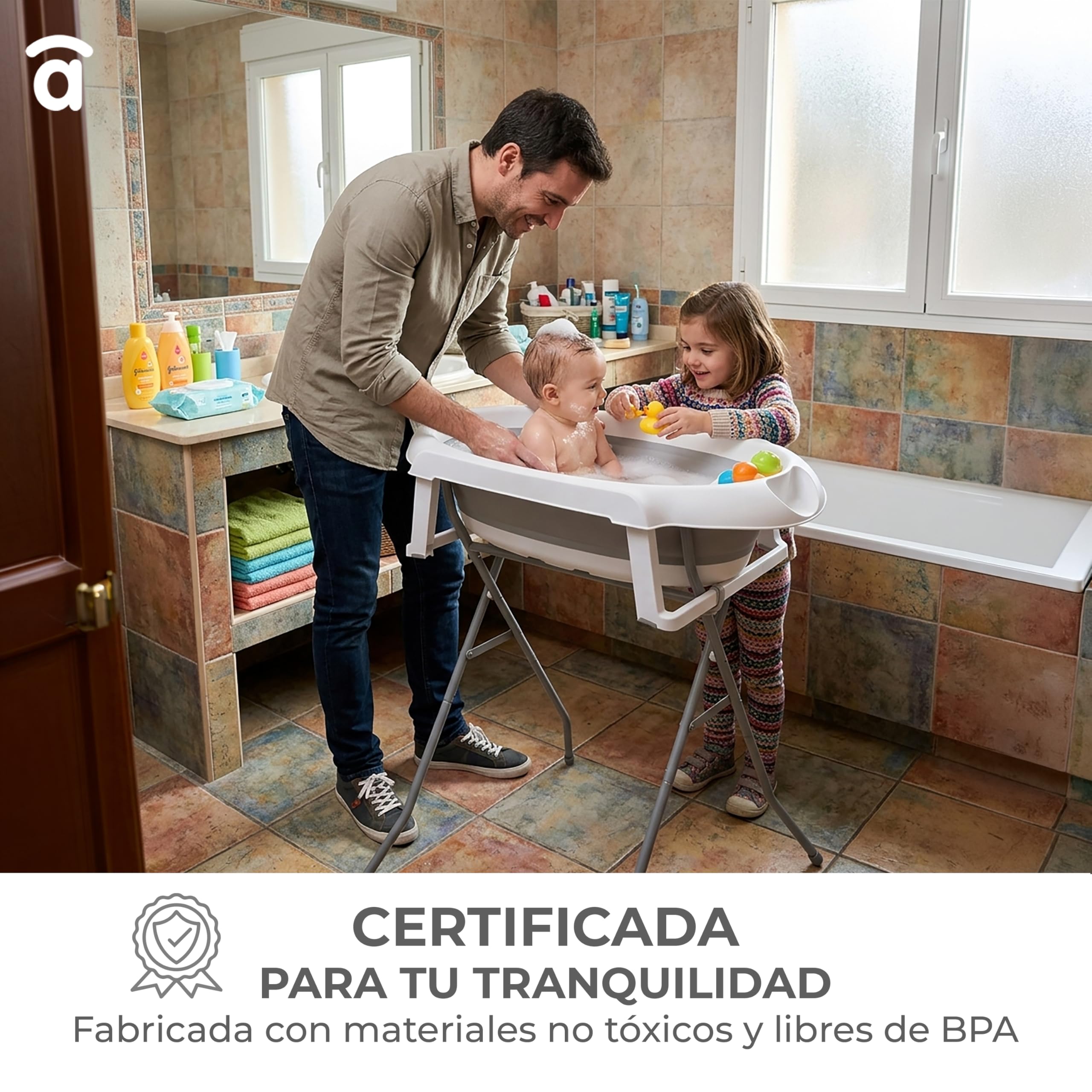 Asalvo LUIGI Bañera Plegable Bebé y Recién Nacido para Ducha, Baño Portátil para Niños, Diseño innovador, Con patas y reductor, Blanco