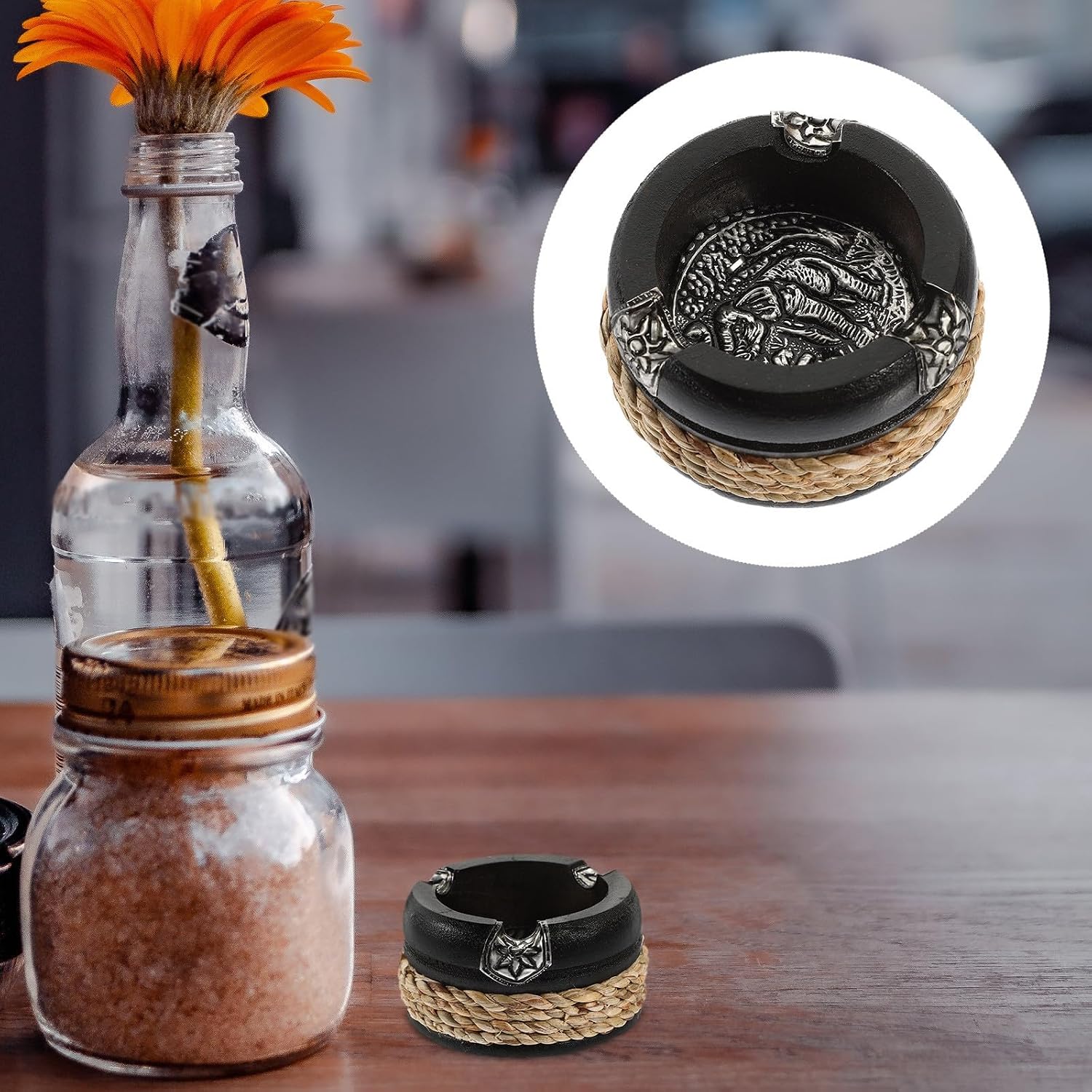 TIDTALEO Wooden Ashtray 3.14 Inch Vintage Round Ash Holder Decorative Ash Container for Home Office Bar Use