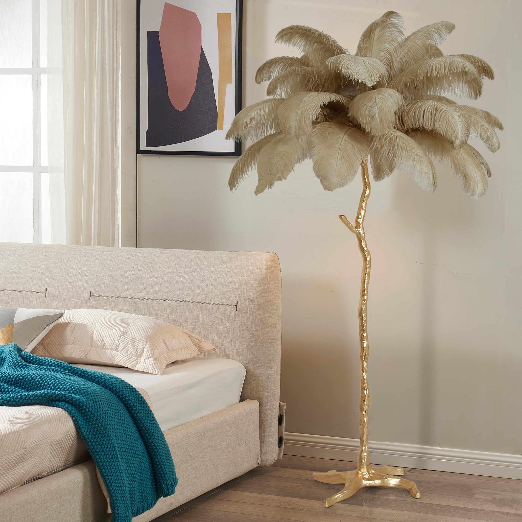 MAYOLA Luxury Resin Ostrich Feather Lamp, 35 Pieces Real Ostrich Feathers,Feather Floor Lamp,Standing Lamp for Living Room, Bedroom and Office 67” Tall Feather Lamp (Ostrich Color)