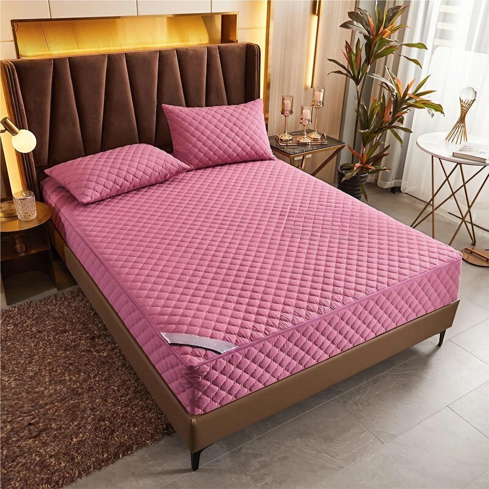 Protector de colchón acolchado, lavable, hipoalergénico, antiácaros, para cama de matrimonio o queen, funda extraíble, color rosa, 150 x 200 x 15 cm, máxima protección de ropa de cama