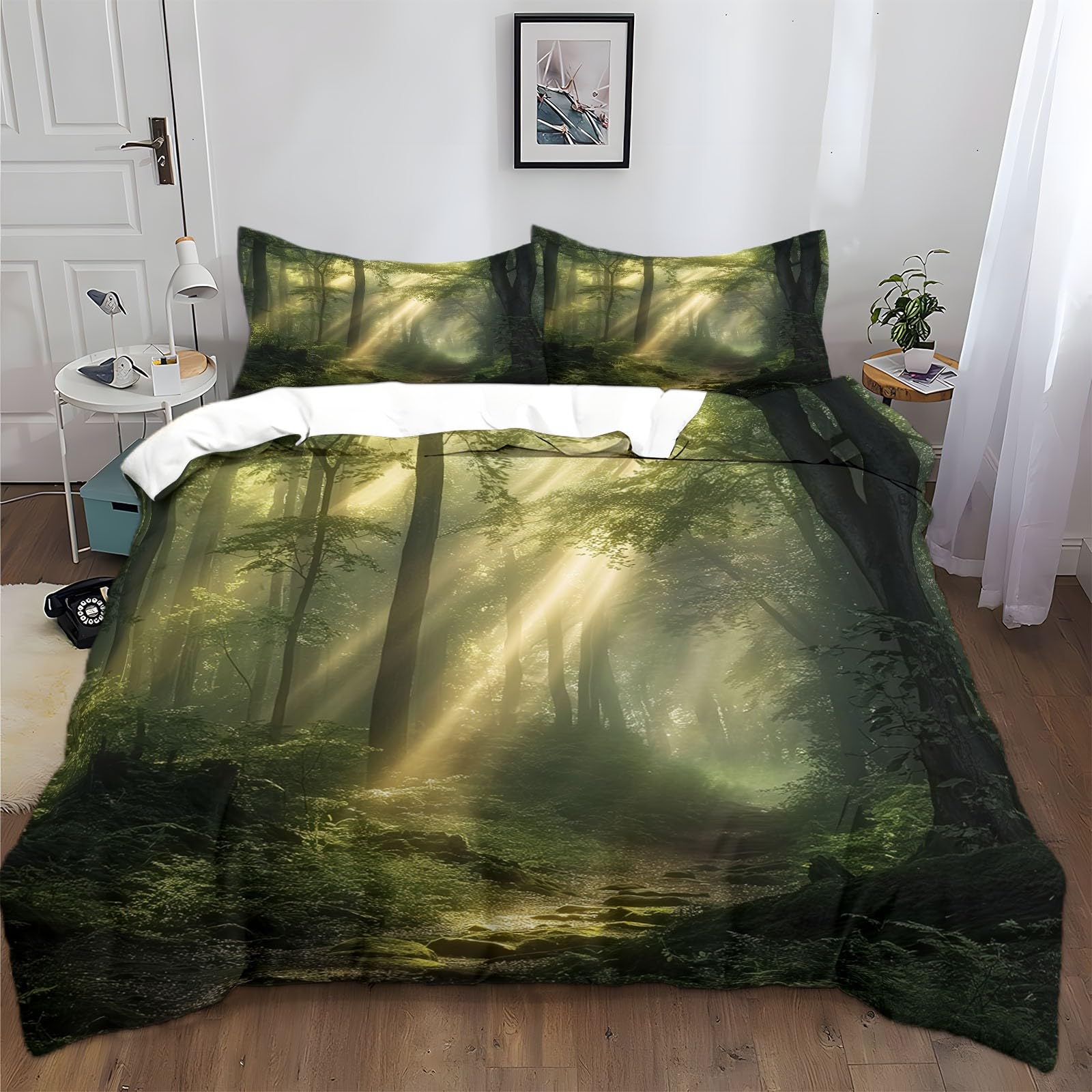 Housse de couette 240x260 vert forêt parure de lit adulte 3 pièces imprimée microfibre
