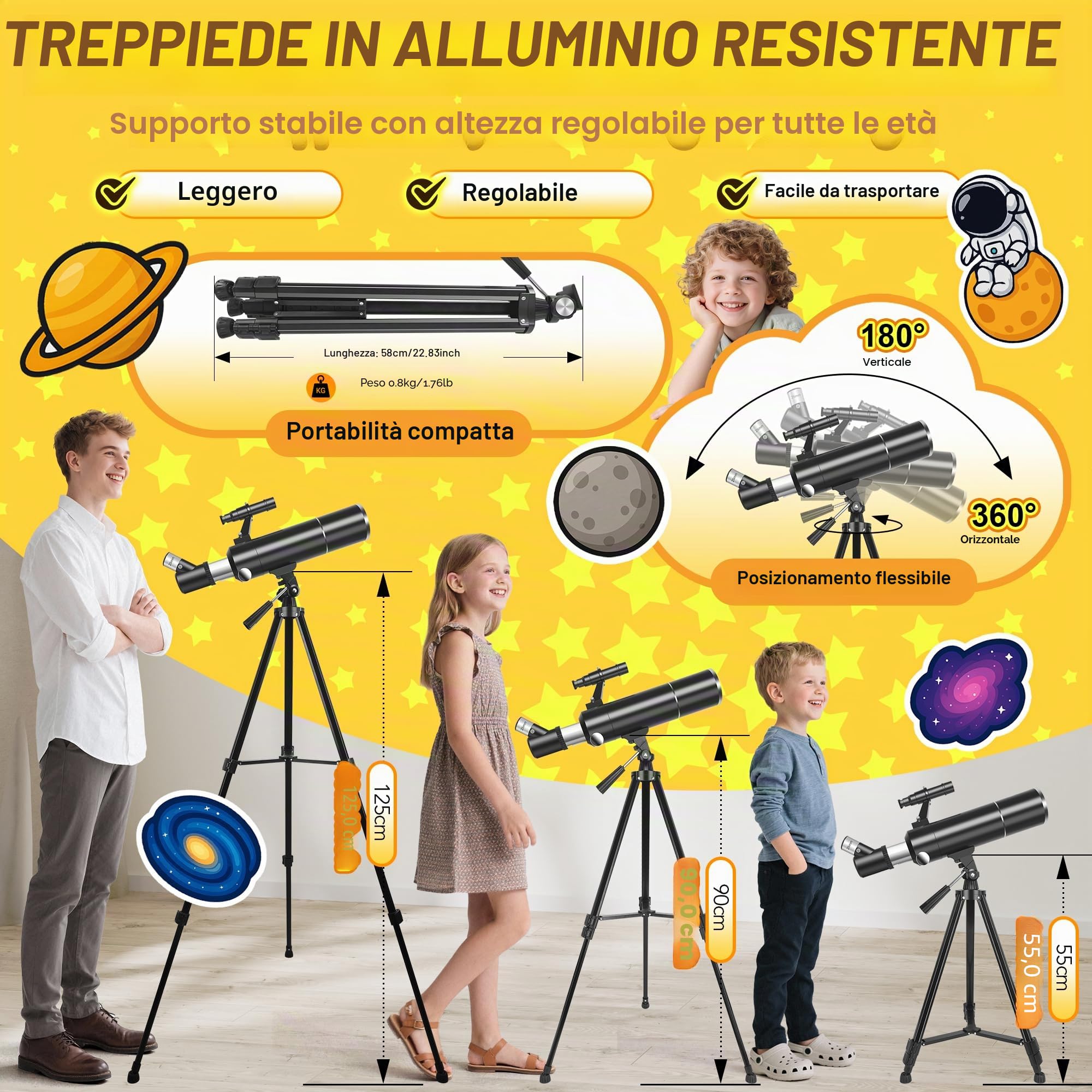 Telescopio Astronomico Professionale per Adulti e Bambini, 80/500mm Rifrattore Portatile Telescopio per Principianti con Treppiede, Adattatore Smartphone – Ideale per Osservare Luna Natura