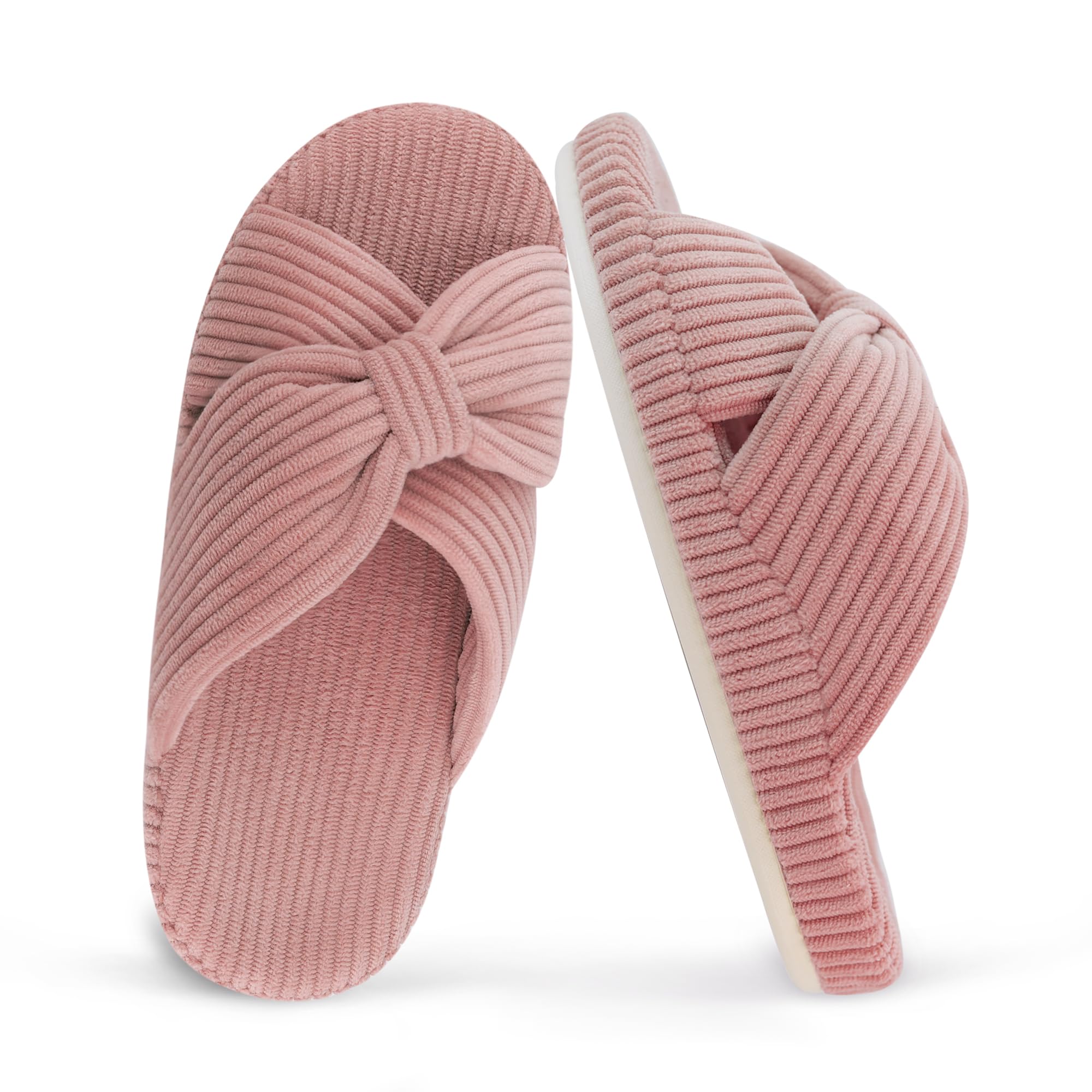 MAJOALLURE Women's Orthopedic Arch Support Open Toe House Slippers for Plantar Fasciitis Ladies Cozy Memory Foam Bedroom Gift Slippers Fluffy Corduroy Bow Crossband Slide