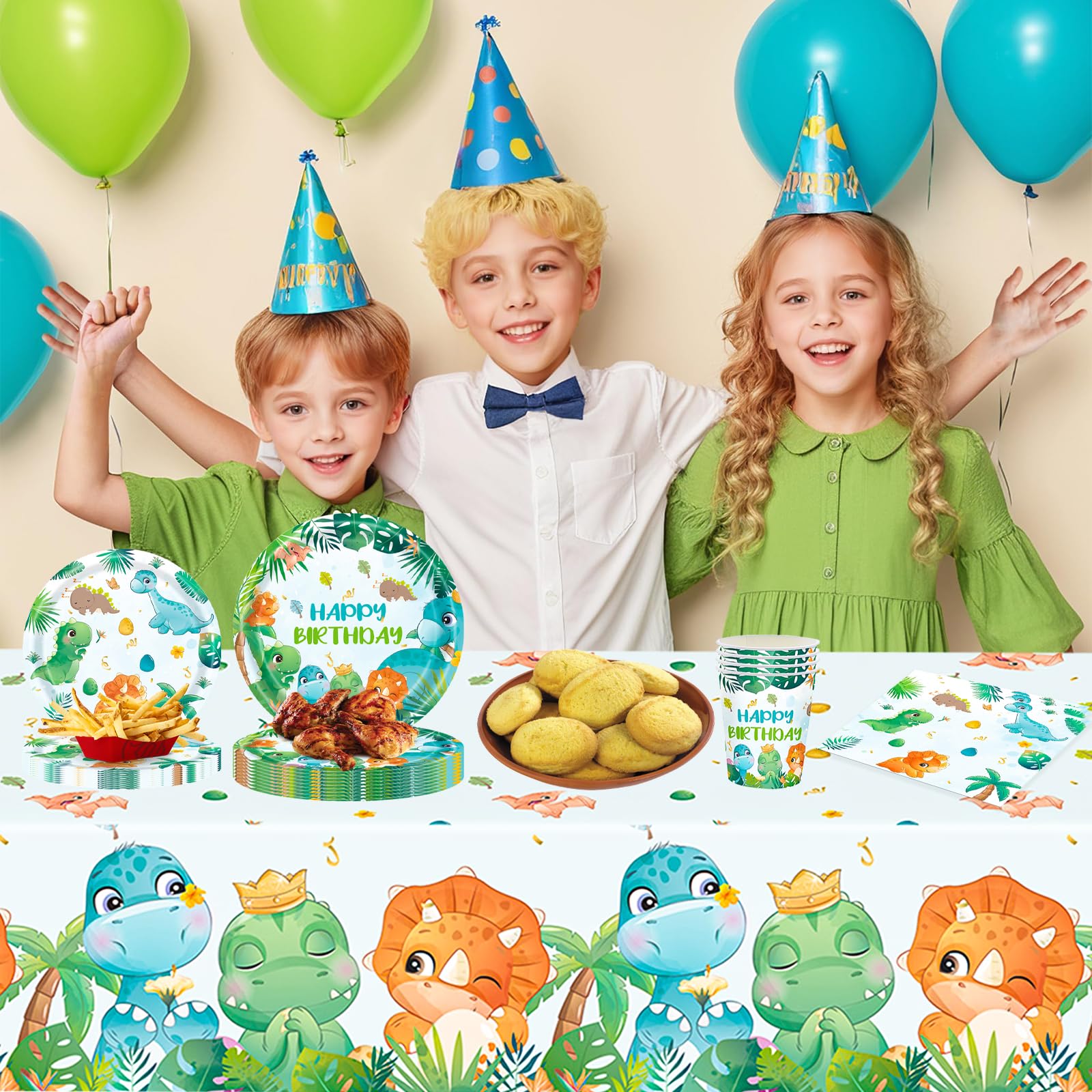 97 Pezzi Decorazioni Festa a Tema , Set Compleanno Dinosauri, Piatti di Carta, Bicchieri di Carta, Tovaglioli, Forniture per Feste di Compleanno a Tema Bambino Dinosauro