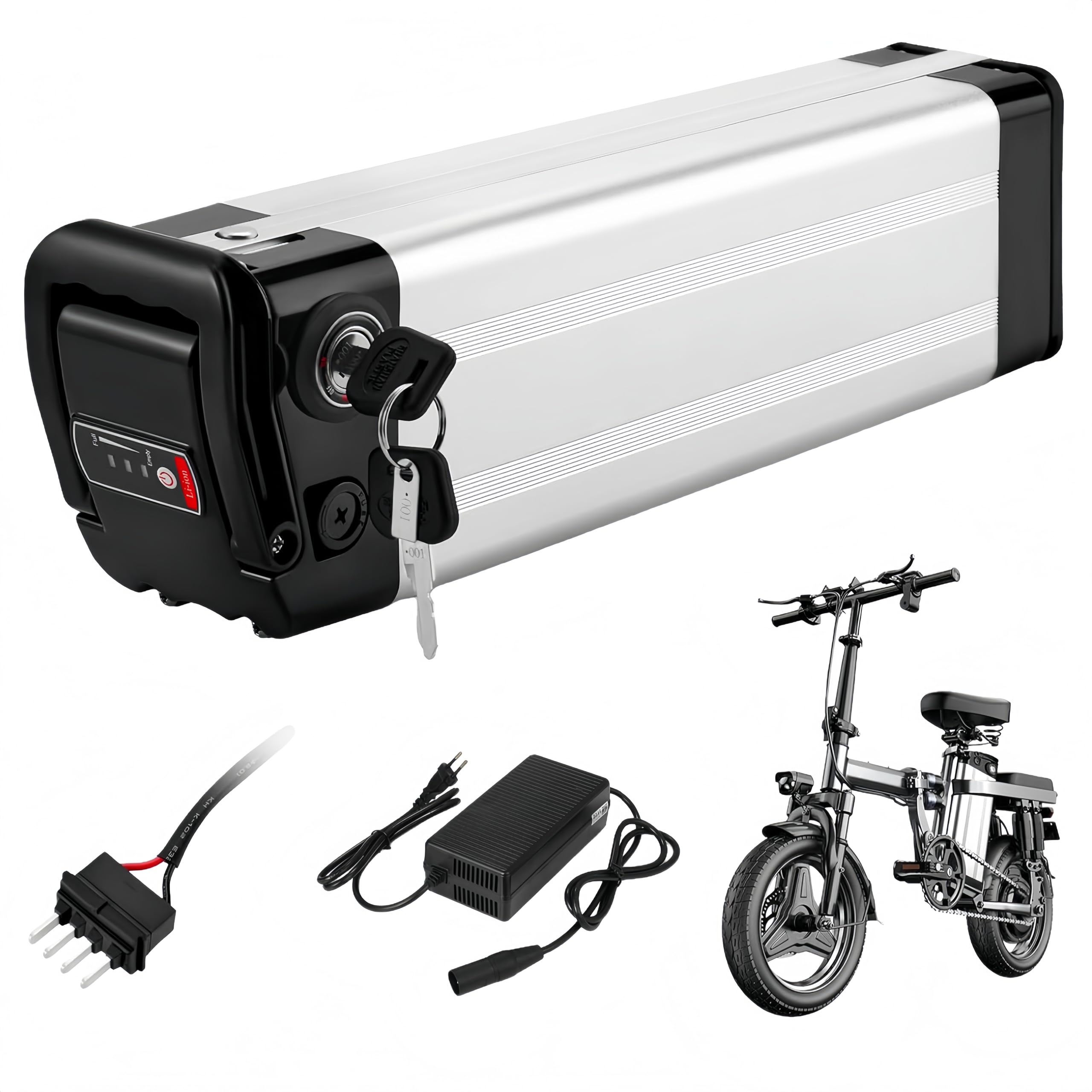X-go Ebike Batería, 36V 15AH batería de Bicicleta eléctrica e-Bike batería de Litio de 2 Puertos con Cargador, Cierre Seguro, luz indicadora led para 350W 250W 100W Motor (36V 15AH 2 Port)