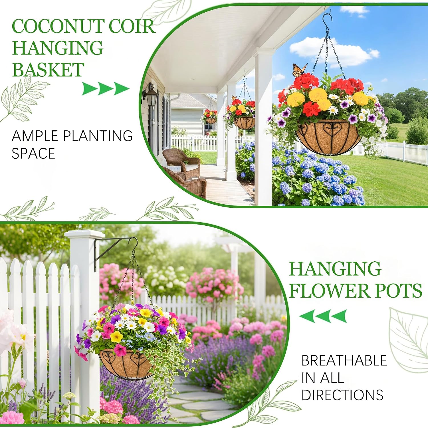 Hanging Planters for Outdoor Plants 4 Pack 16 inch Metal Hanging Flower Basket with Coco Coir Liner Wire Plant Holder Watering Flower Baskets Pot Hanger Garden Decoration for Indoor Outdoor(AXL)