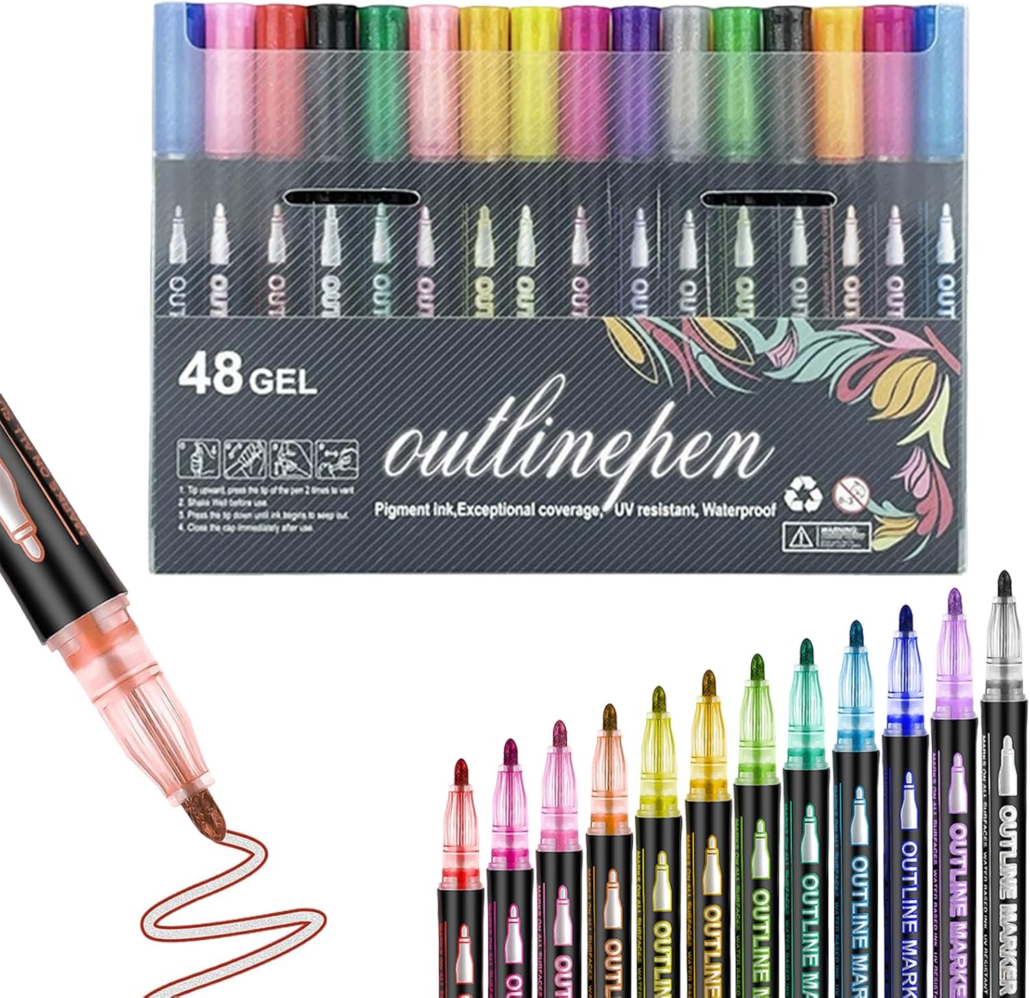 Outline Markers Self-Outline Metallic Markers,Dreamy Sparkle Dual-Line Contour Pen,Outline Shimmer Markers,Self Outlining Glitter Markers,Quick-Dry Ink For Drawing, Coloring & Diy Crafts (48PCS)