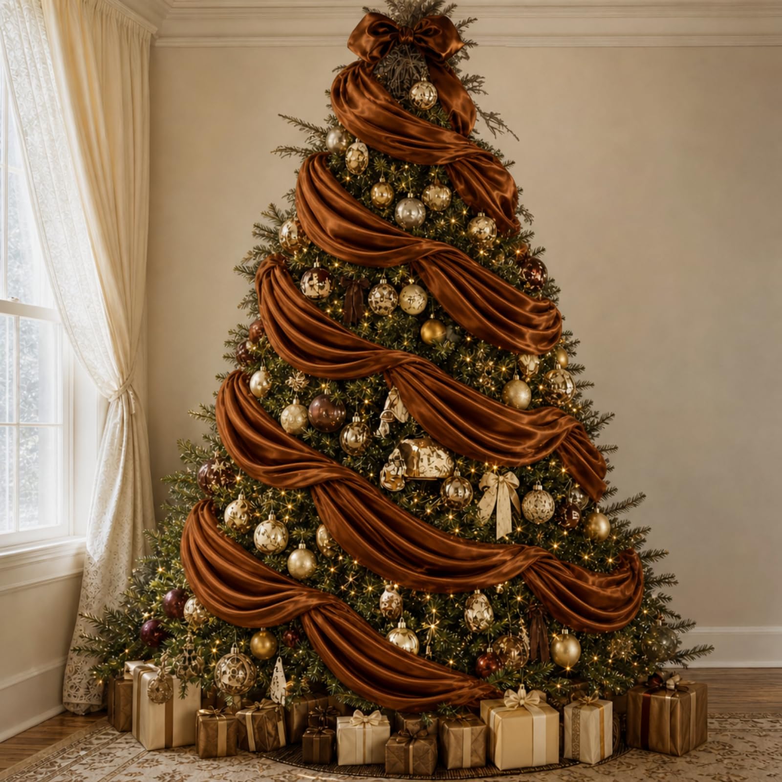 65.6 ft Brown Satin Ribbon Garland for Christmas Tree Decor Wide 11.4"