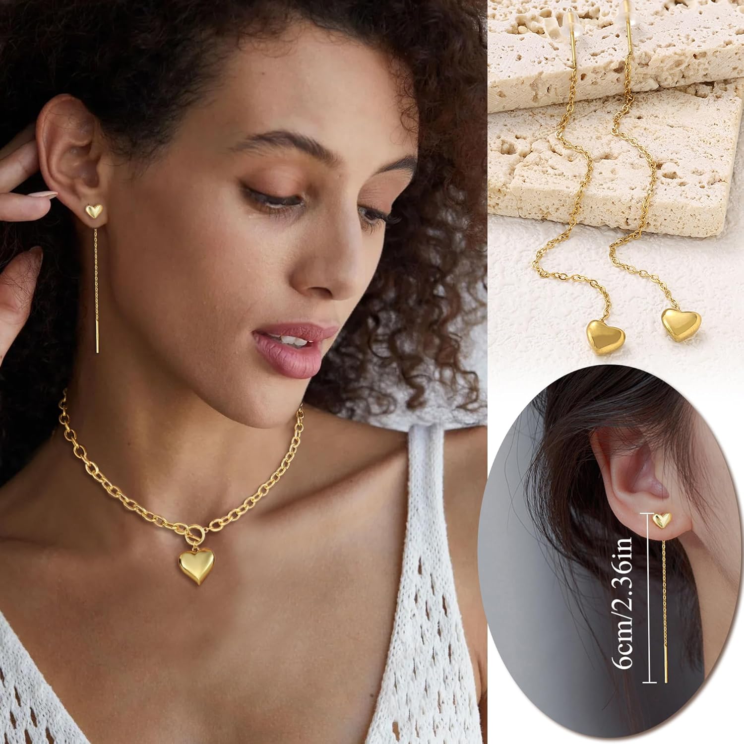 4 Pcs Golden Heart Jewelry Set Heart Pendant Chain Necklace Bracelet Stud Earring Dangle Earring for Women - Image 4