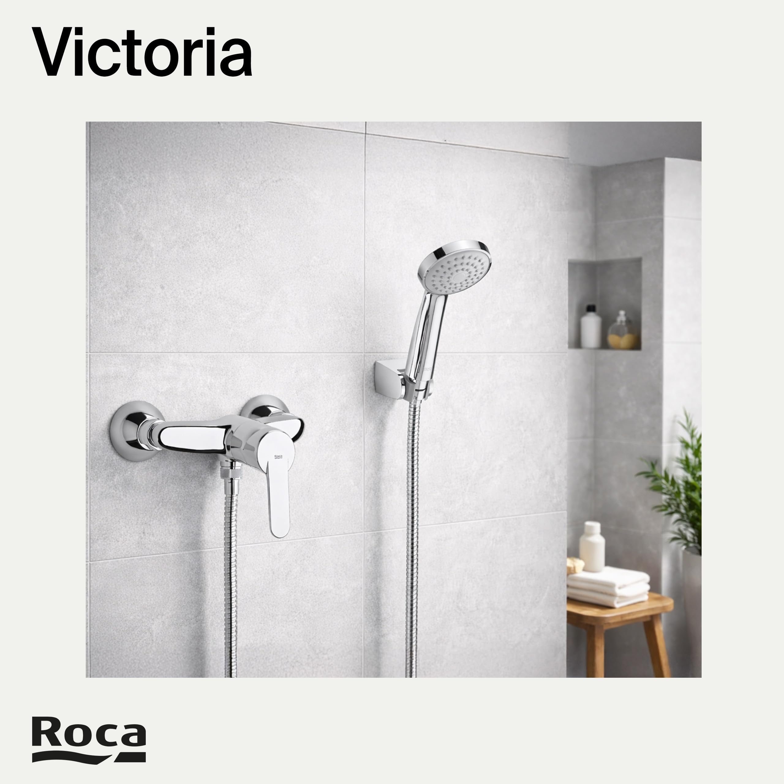 Roca Victoria Grifería monomando exterior para ducha con ducha de mano flexible 1,50 m soporte articulado