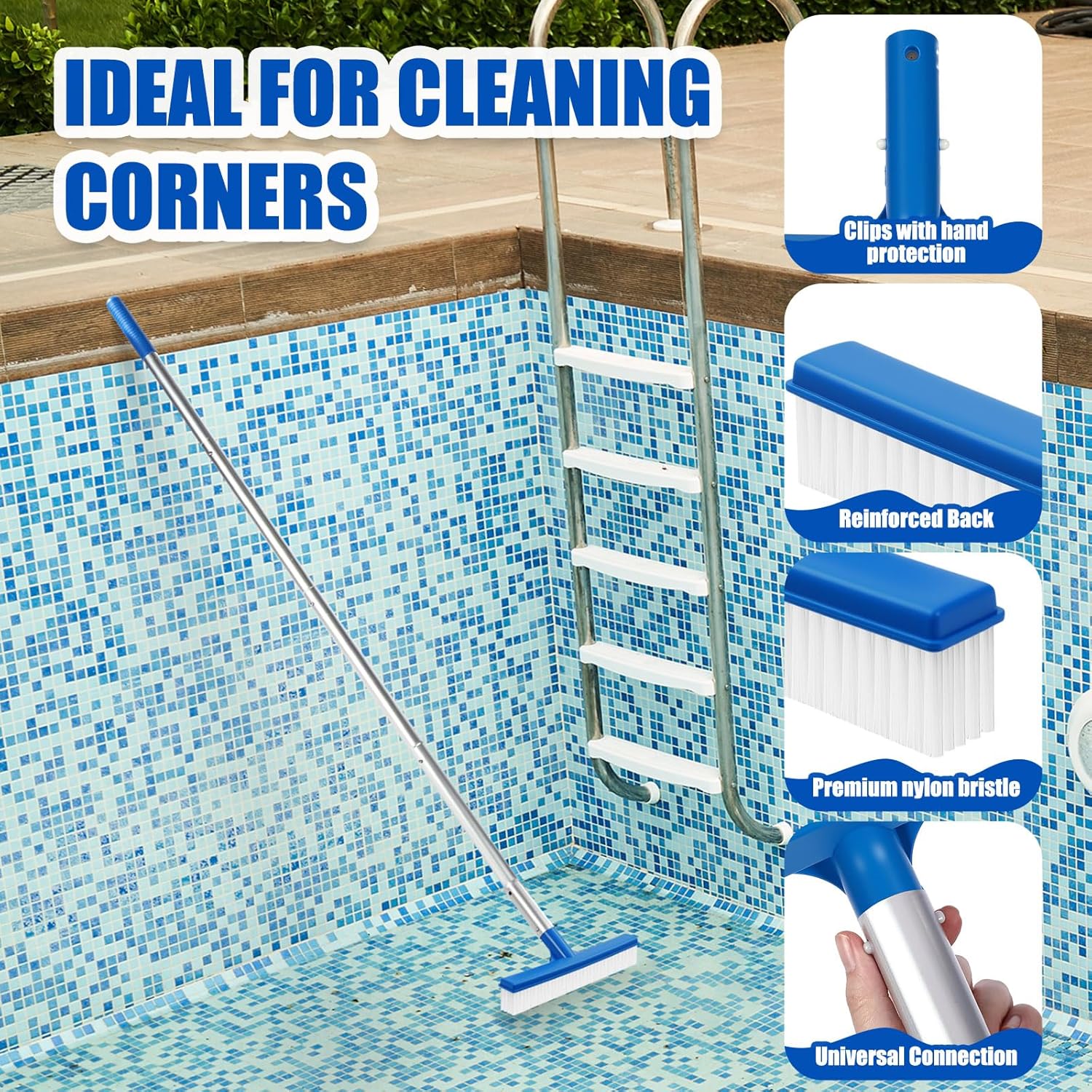 Potchen 3 Pcs Pool Cleaning Kit with Hand Skimmer Net, 47.24" Aluminum Pole and 10" Pool Brush Maintenance Accessory Tool for Above Ground Inground Ponds Home Tubs Spa