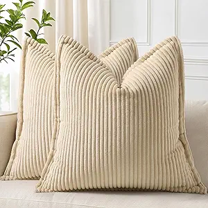 decorUhome Corduroy Beige Throw Pillow Covers 16x16 Set of 2 Decorative Soft Boho Striped Neutral Euro Farmhouse Couch Pillow Cases with Broadside for Living Room Bed Sofa