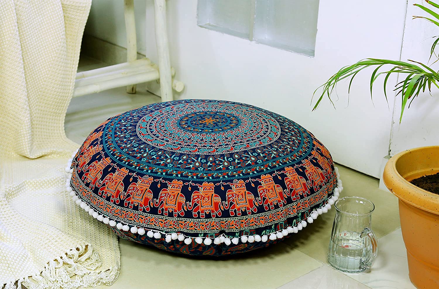 Blue 32" Mandala Large Floor Pillow Cover Meditation Cushion Seating Throw Hippie Round Colourful Decorative Bohemian Accent Boho Chic Dog Bed Indian Pouf Ottoman Handmade Cover Only (Elephant)