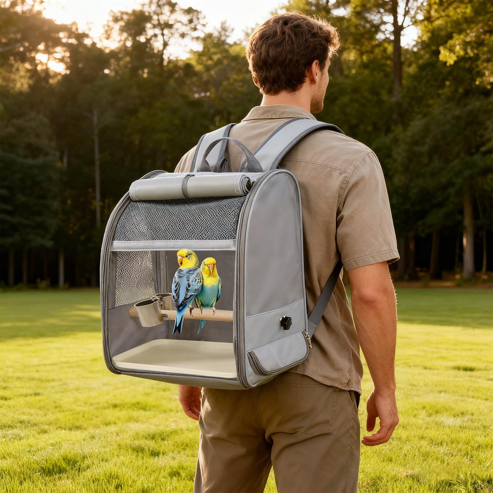 Mochila transportadora para pájaros, contenedor de transporte para pájaros con comedero y recogedor de heces, jaula de viaje para pájaros, jaula portátil para mascotas de malla transpirable para