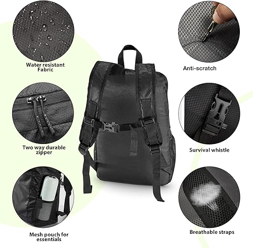 Miniatura 3 de VPBAGE Mochila de senderismo de 15 L, mochila pequeña resistente al agua para viajes al aire libre, mochila ligera con silbato de emergencia, Negro