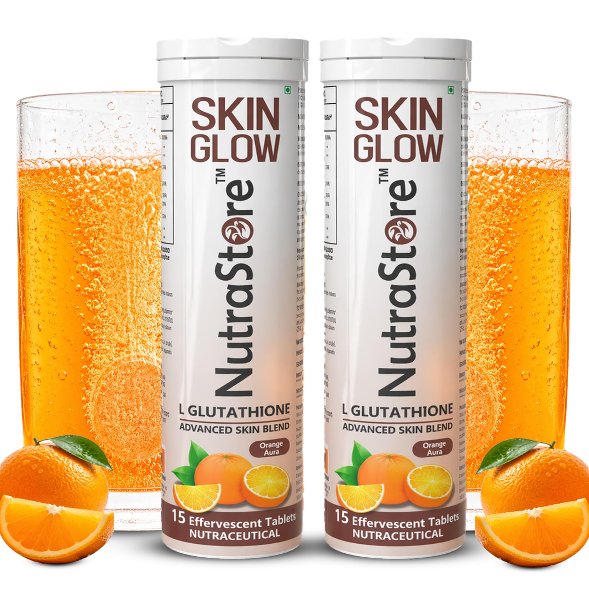 NutraStore Skin Glow | L Glutathione Effervescent Tablets Pack of 2 | Vitamin C, Hyaluronic Acid, Biotin, Astaxanthin & Zinc