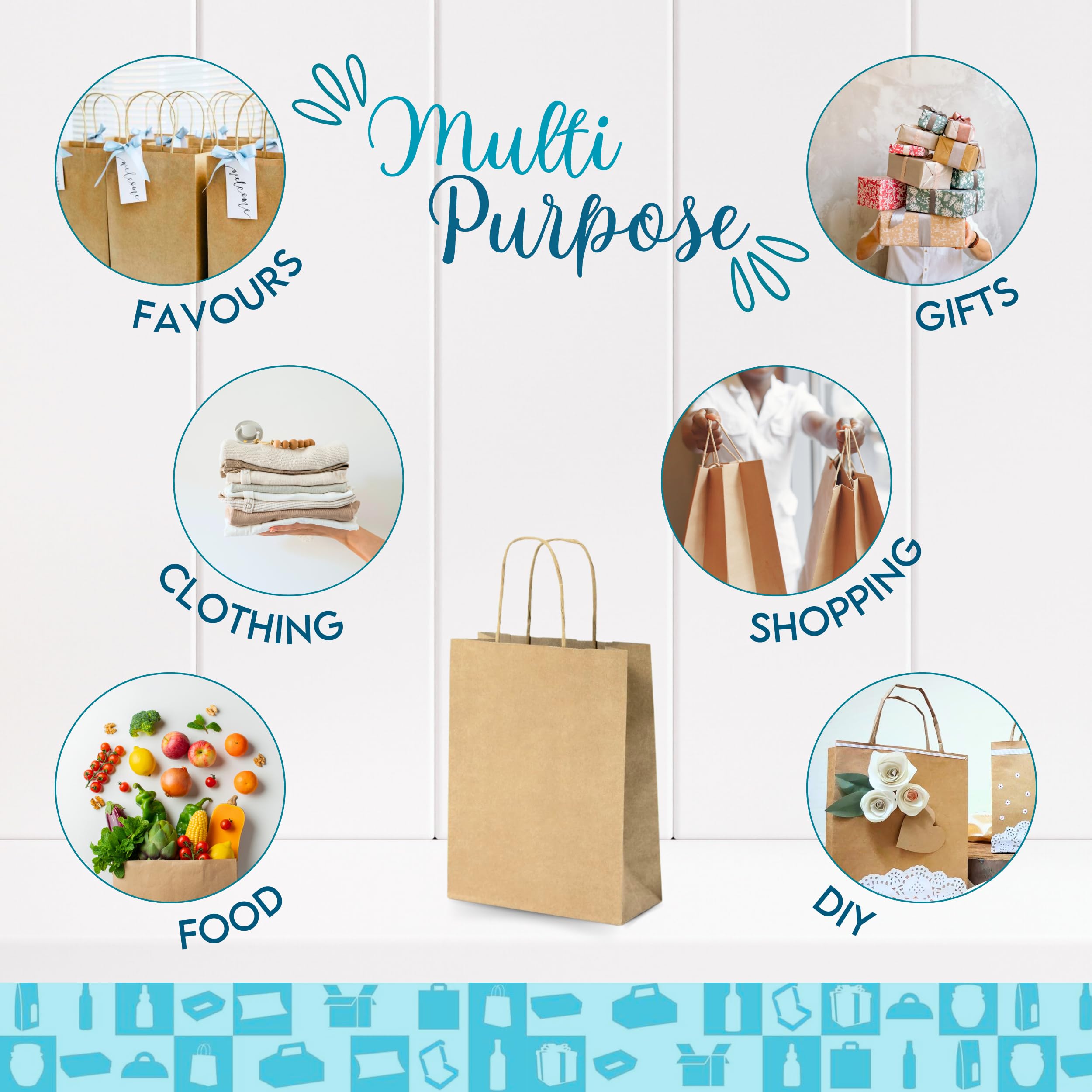 Lot 100 Sacs Papier Kraft Marron avec Anses 18x8x23cm - Sac pour Shopping Cadeaux Mariages
