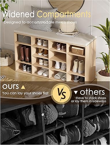 Miniatura 13 de DINZI LVJ Banco organizador de zapatos con cojín, zapatero de 9 cubos y estantes ajustables, multifuncional, para salas de estar, dormitorio, Gris