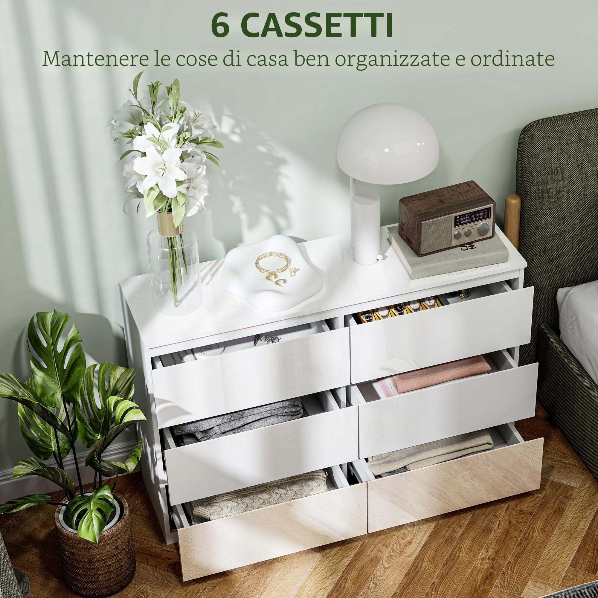 HOMCOM Cassettiera 4 cassetti 55x34x75cm bianco lucido